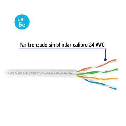 Metro de cable UTP CAT5E, Bobina de 305m, blanco, VOLTECK | CBR-53B | 47383