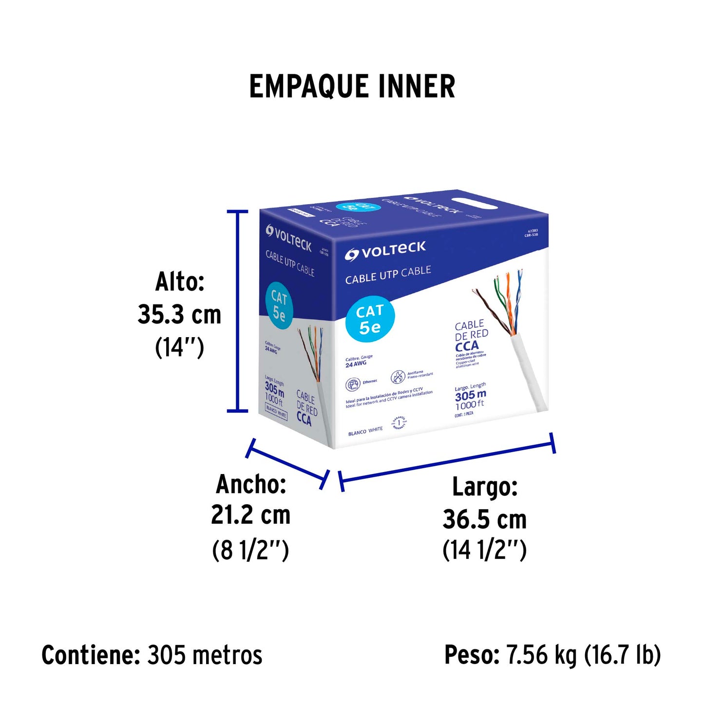 Metro de cable UTP CAT5E, Bobina de 305m, blanco, VOLTECK | CBR-53B | 47383