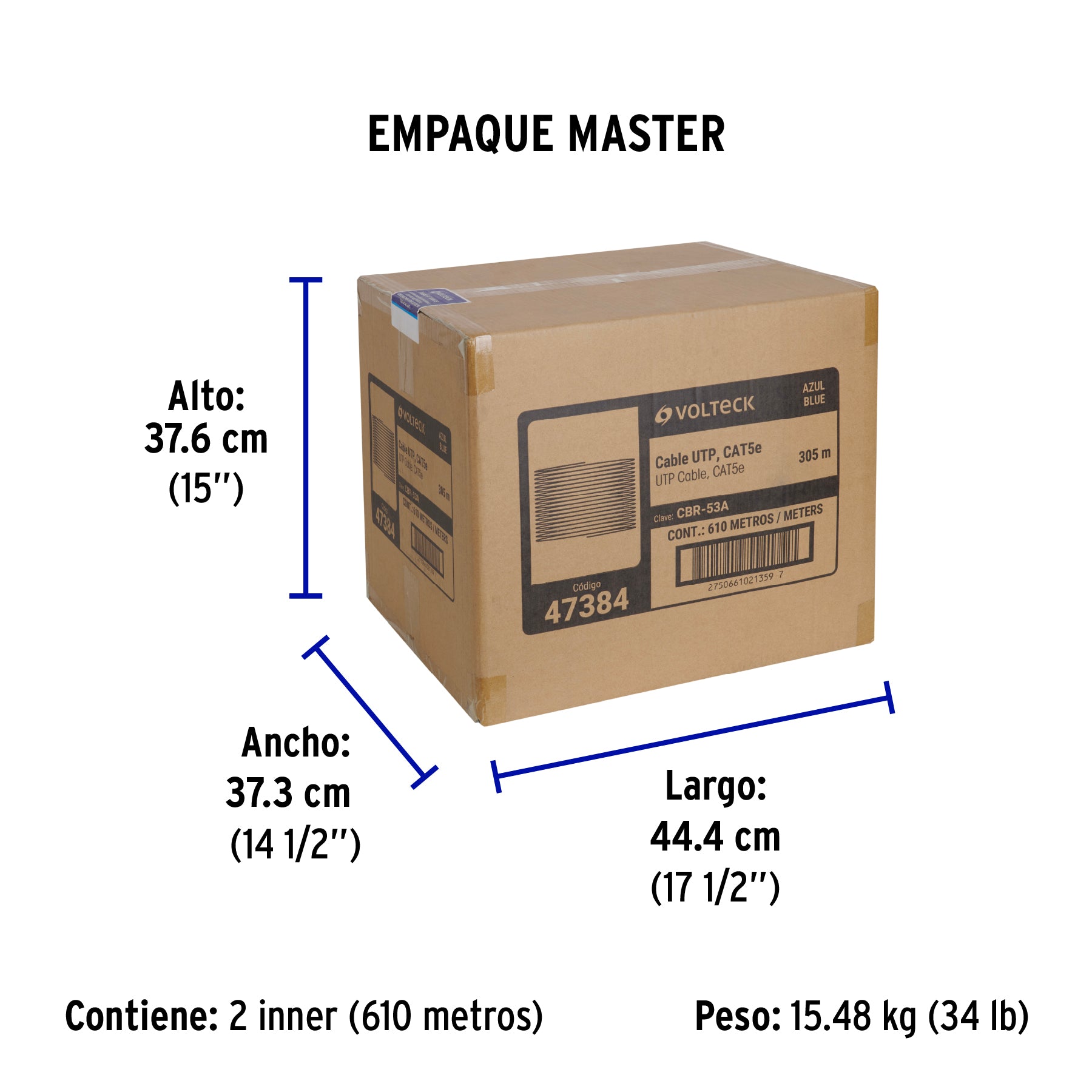 Metro de cable UTP CAT5E, Bobina de 305m, azul, VOLTECK | CBR-53A | 47384