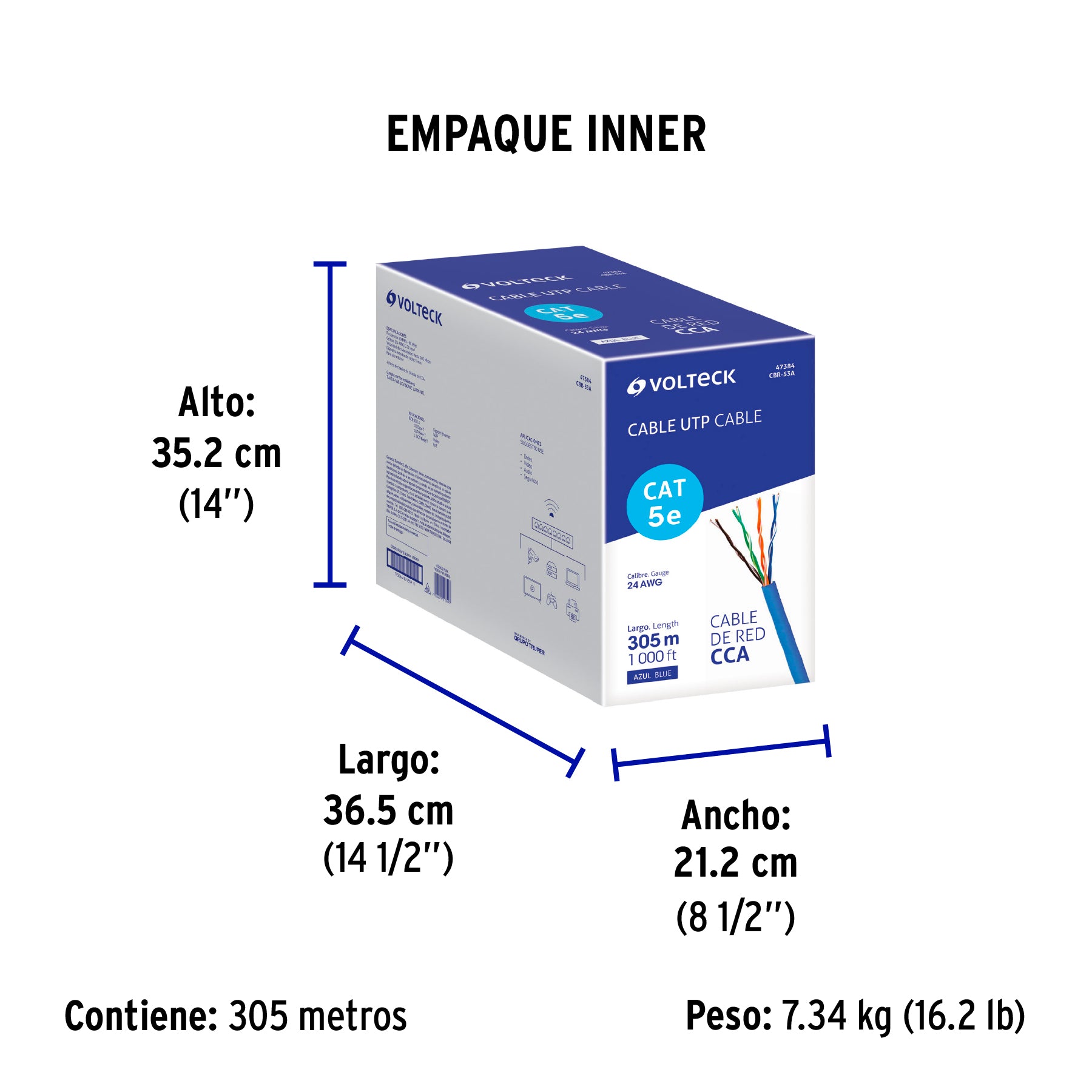 Metro de cable UTP CAT5E, Bobina de 305m, azul, VOLTECK | CBR-53A | 47384