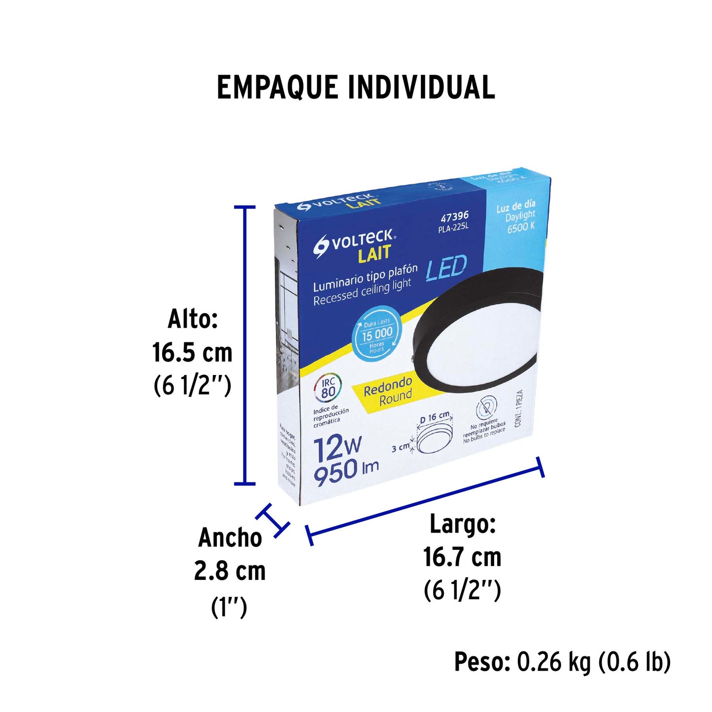 Luminario LED plafón 12W 6500K, redondo, negro, VOLTECK | PLA-225L | 47396