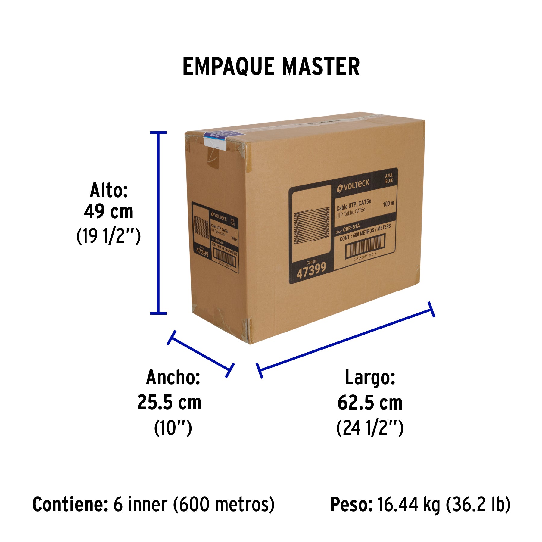 Metro de cable UTP CAT5E, Bobina de 100m, azul, VOLTECK | CBR-51A | 47399