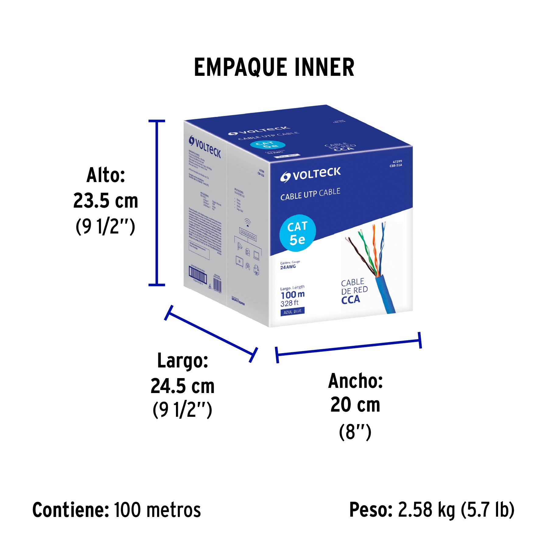Metro de cable UTP CAT5E, Bobina de 100m, azul, VOLTECK | CBR-51A | 47399
