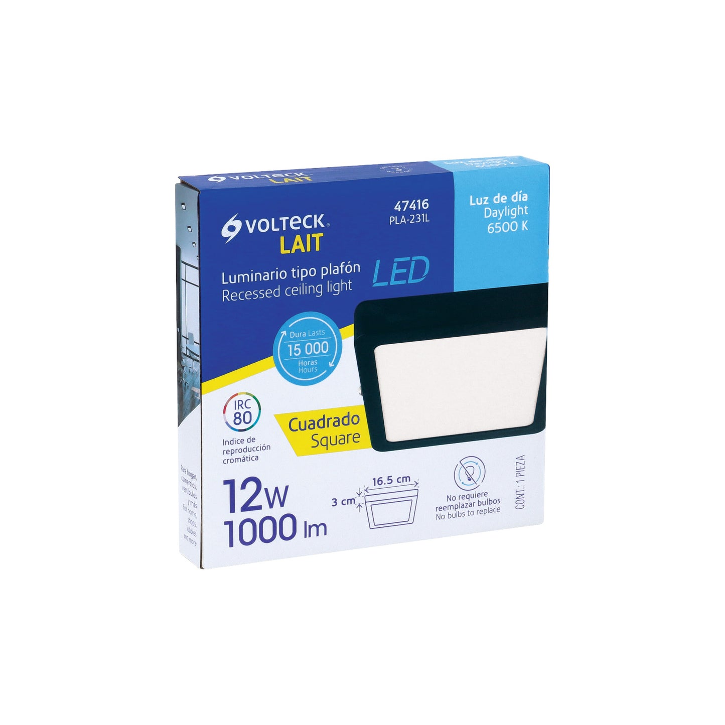 Luminario LED plafón 12W 6500K, cuadrado, negro, VOLTECK | PLA-231L | 47416