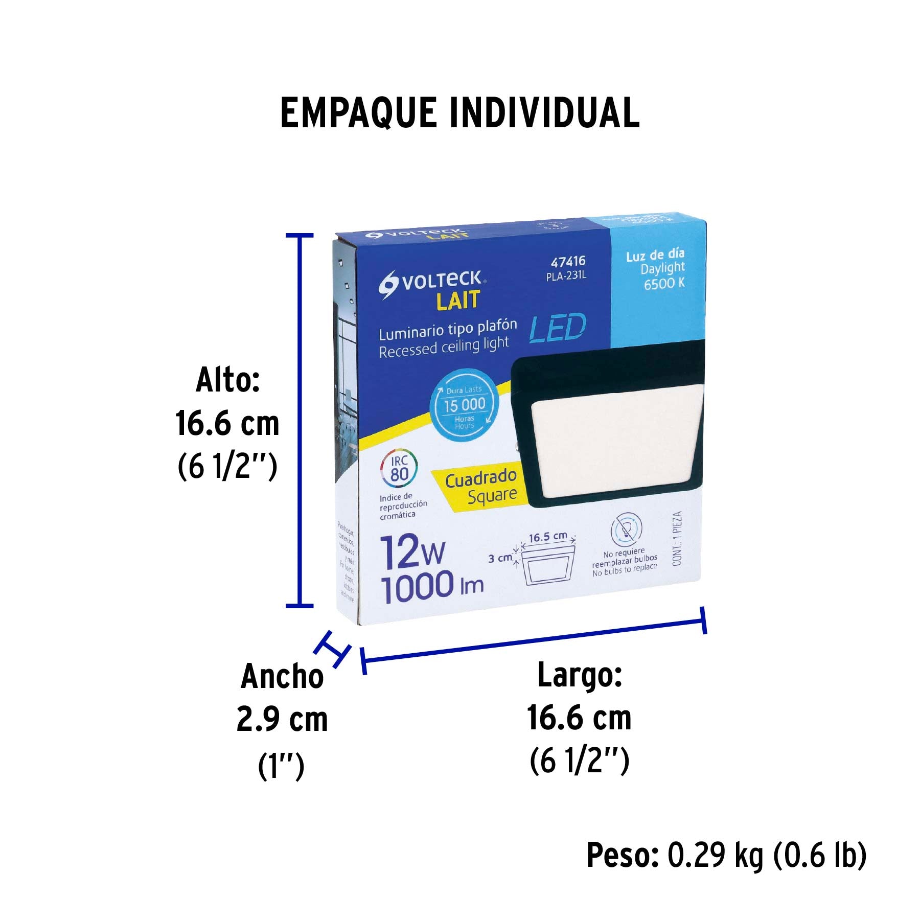 Luminario LED plafón 12W 6500K, cuadrado, negro, VOLTECK | PLA-231L | 47416
