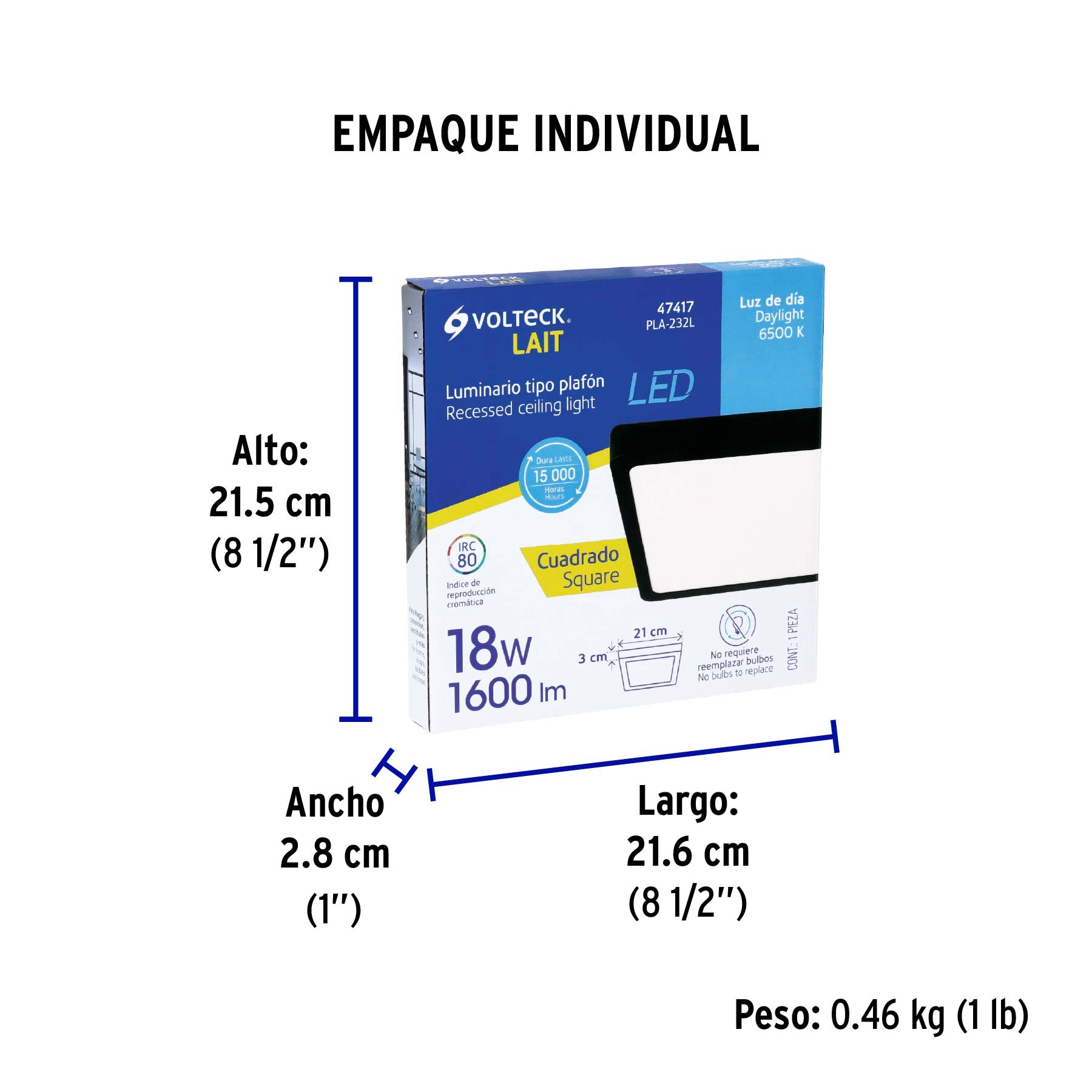 Luminario LED plafón 18W 6500K, cuadrado, negro, VOLTECK | PLA-232L | 47417