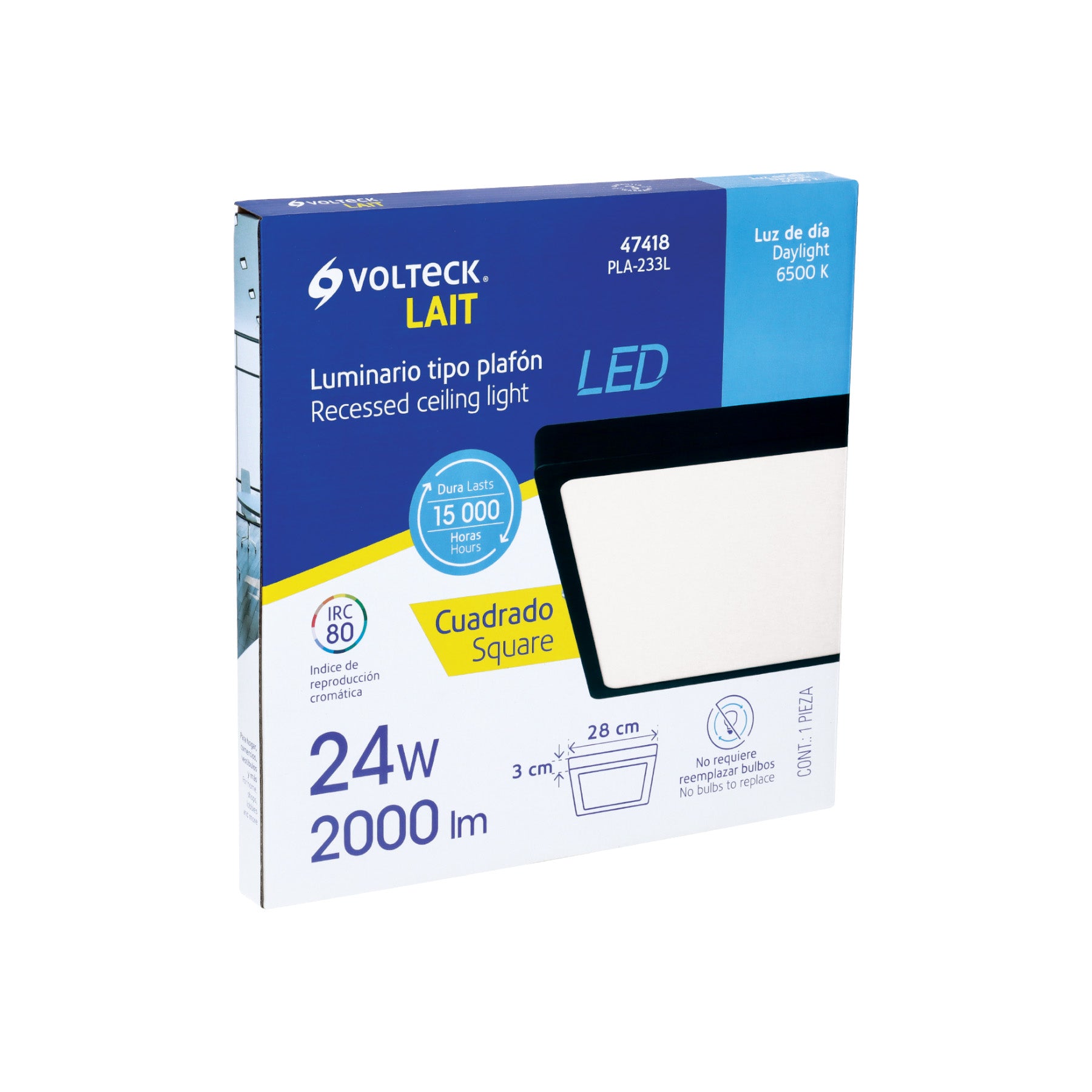 Luminario LED plafón 24W 6500K, cuadrado, negro, VOLTECK | PLA-233L | 47418