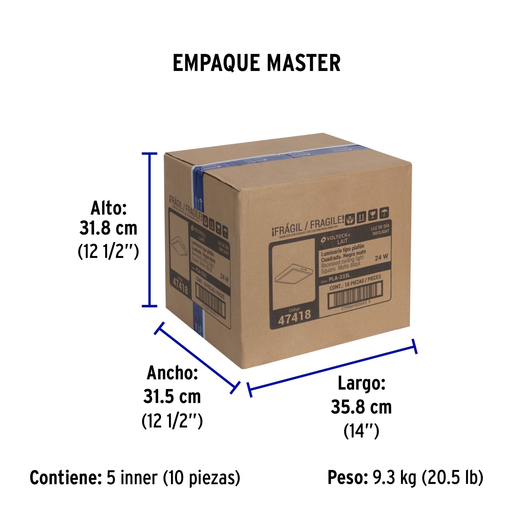 Luminario LED plafón 24W 6500K, cuadrado, negro, VOLTECK | PLA-233L | 47418