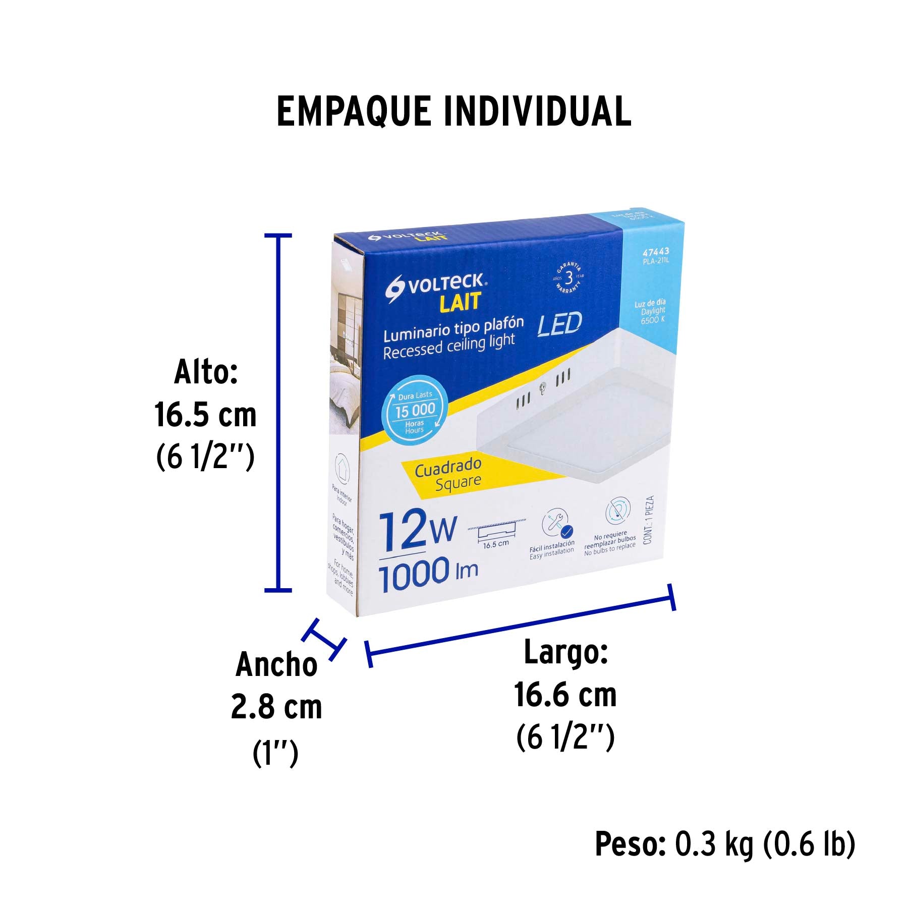 Luminario LED plafón 12W 6500K, cuadrado, blanco, VOLTECK | PLA-211L | 47443