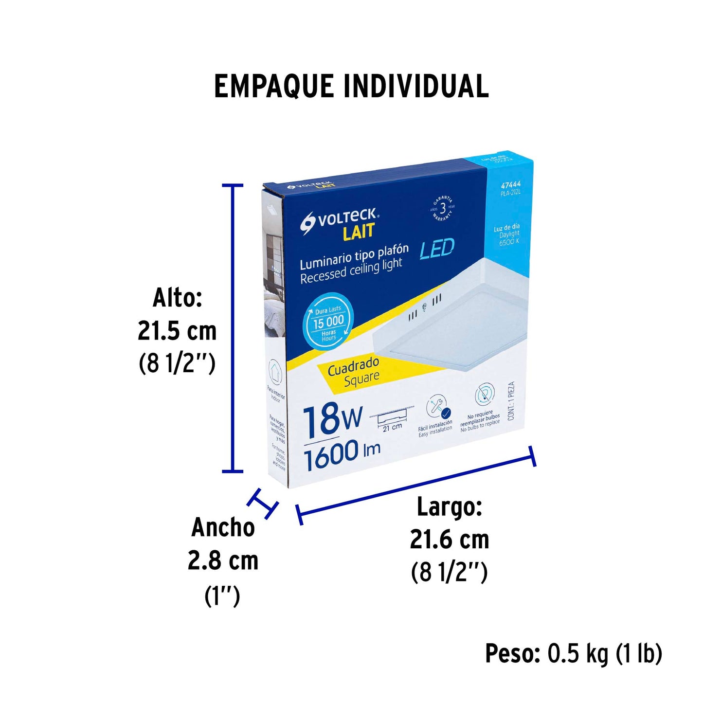 Luminario LED plafón 18W 6500K, cuadrado, blanco, VOLTECK | PLA-212L | 47444