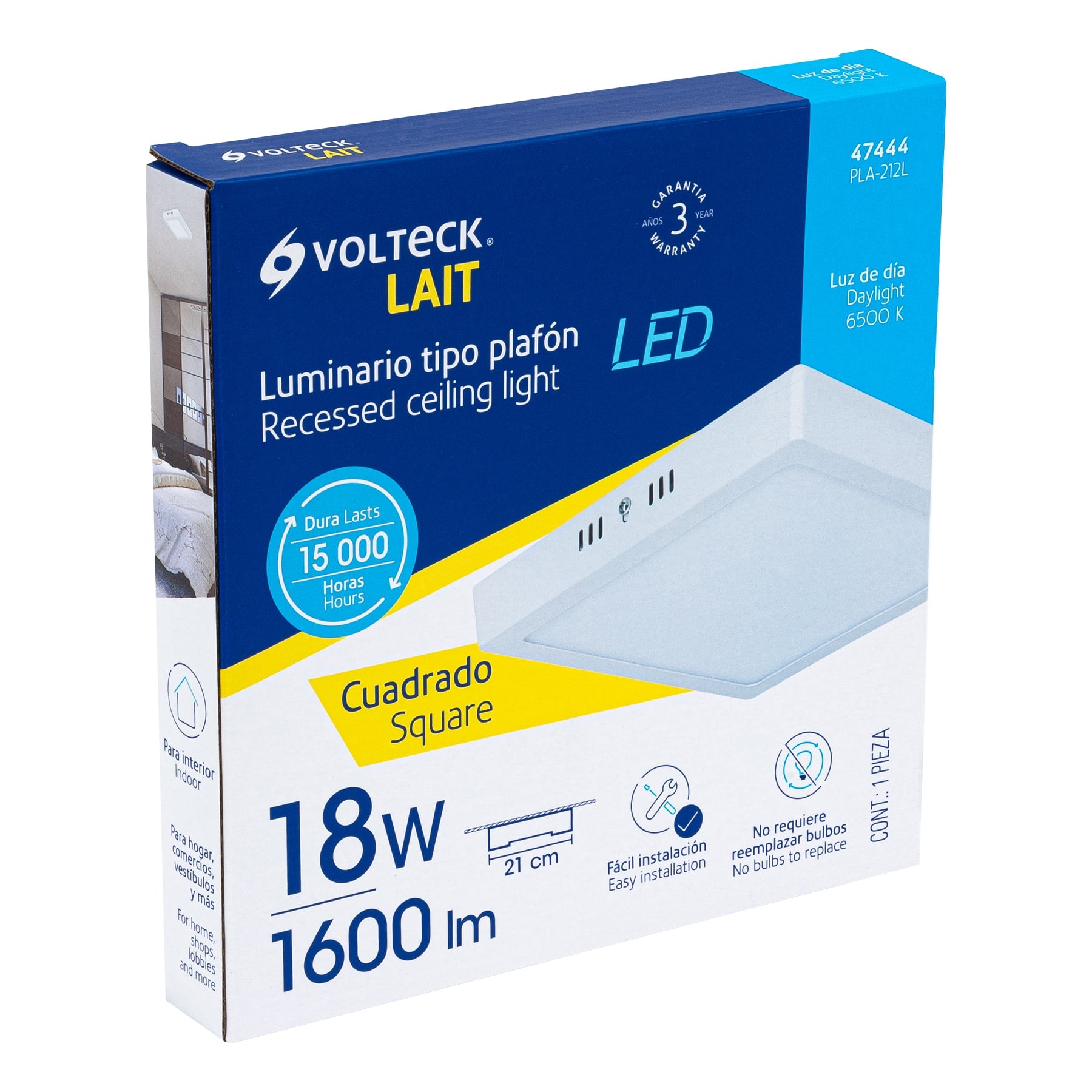 Luminario LED plafón 18W 6500K, cuadrado, blanco, VOLTECK | PLA-212L | 47444