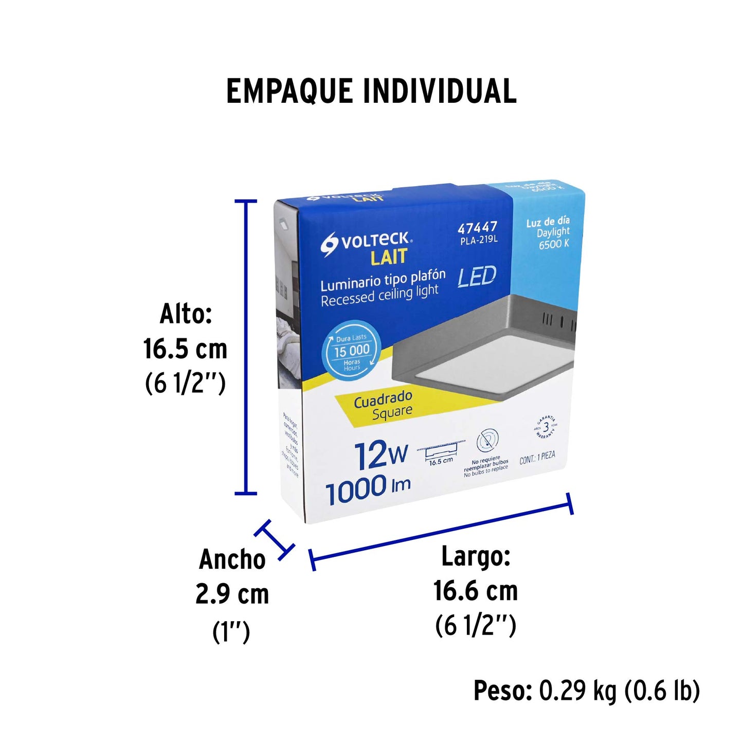 Luminario LED plafón 12W 6500K, cuadrado, gris, VOLTECK | PLA-219L | 47447