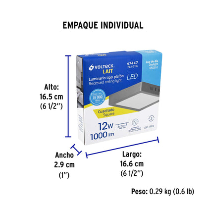 Luminario LED plafón 12W 6500K, cuadrado, gris, VOLTECK | PLA-219L | 47447