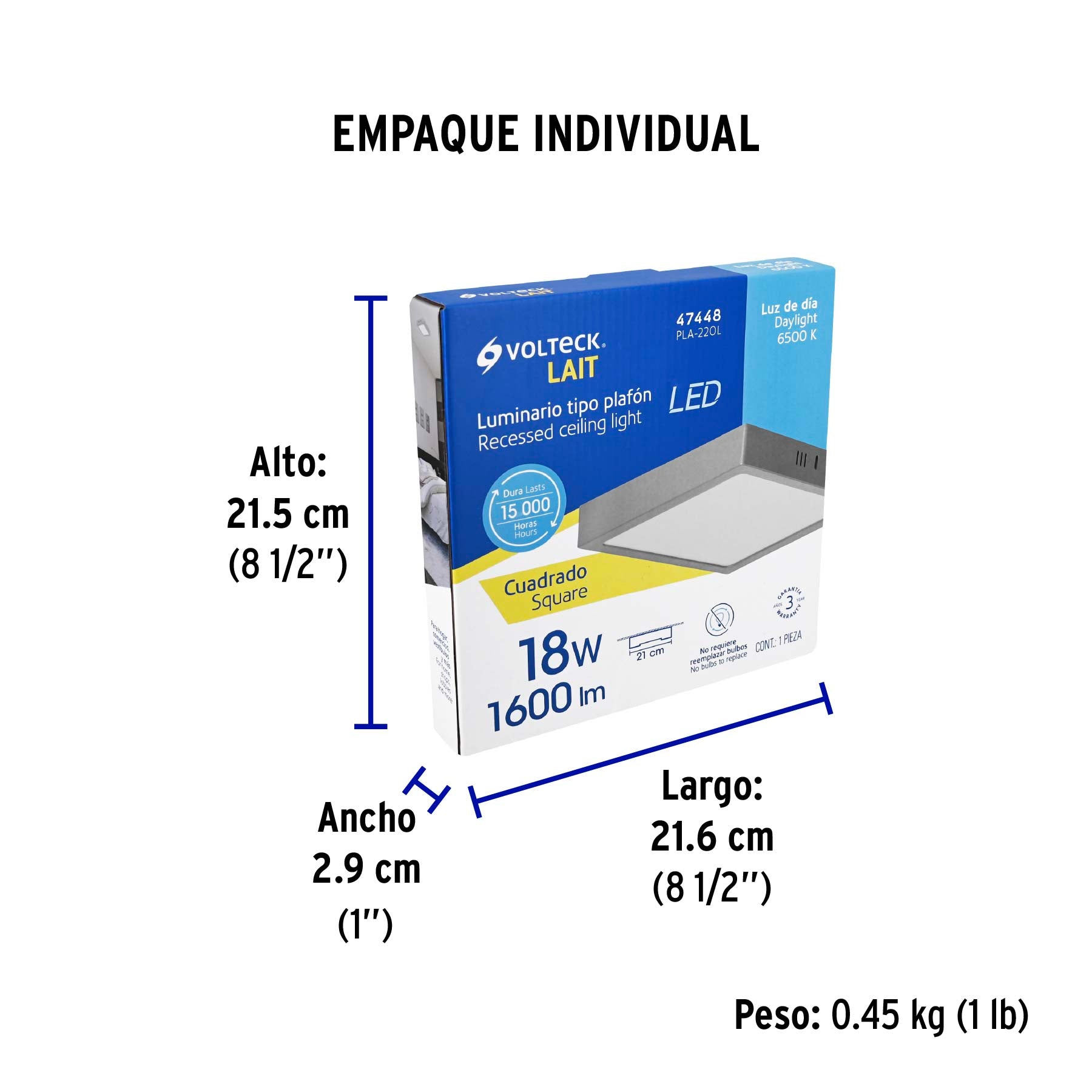 Luminario LED plafón 18W 6500K, cuadrado, gris, VOLTECK | PLA-220L | 47448