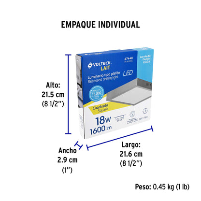 Luminario LED plafón 18W 6500K, cuadrado, gris, VOLTECK | PLA-220L | 47448