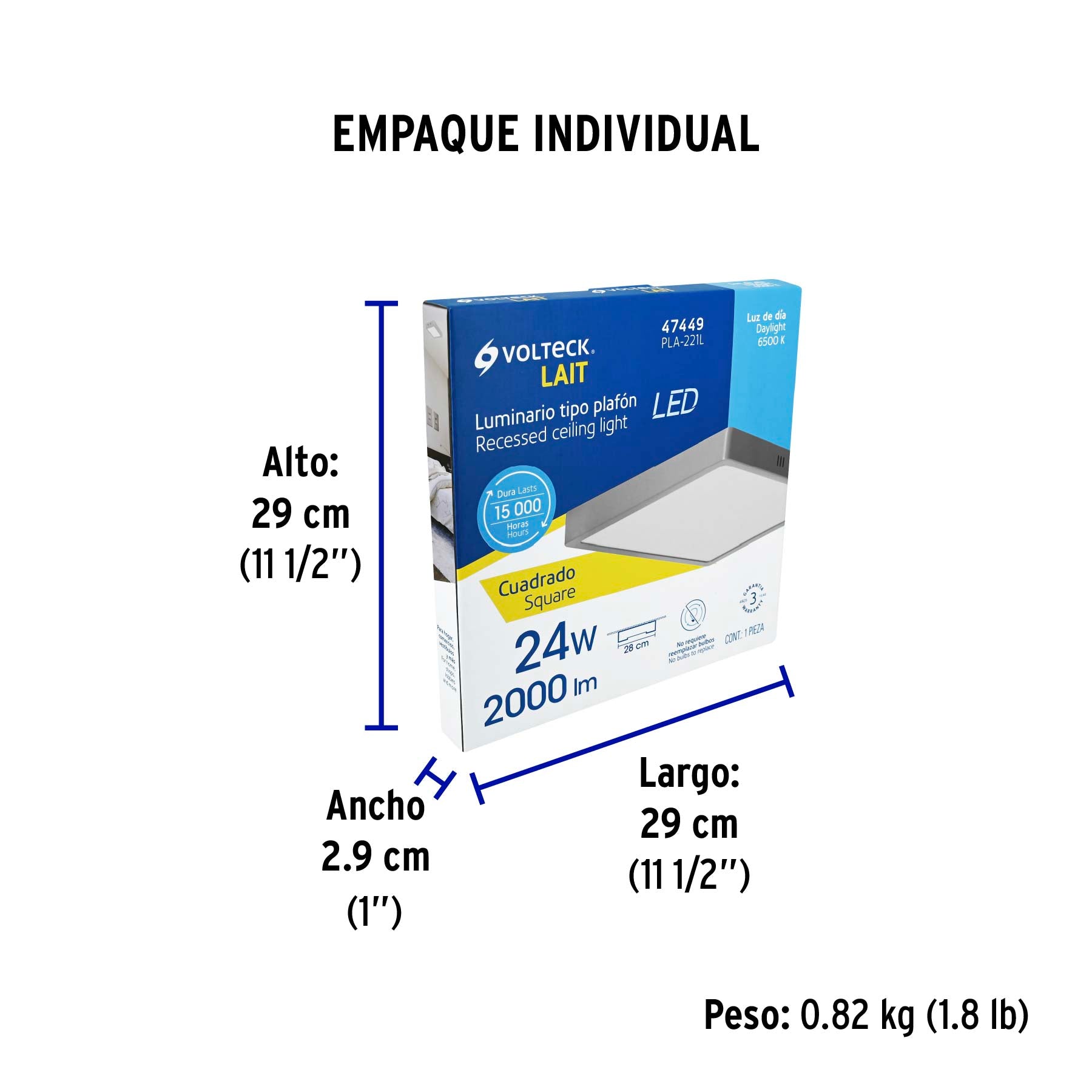 Luminario LED plafón 24W 6500K, cuadrado, gris, VOLTECK | PLA-221L | 47449