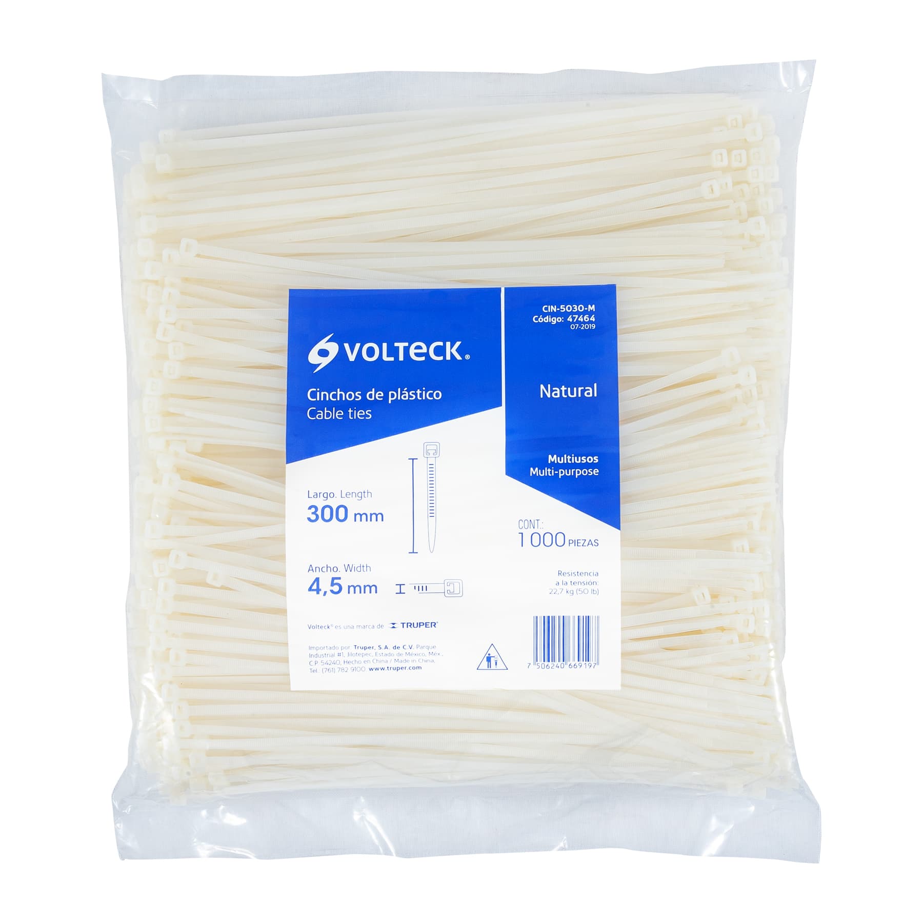 Bolsa con 1000 cinchos plásticos 50lb, 300x4.5 mm, naturales | CIN-5030-M | 47464