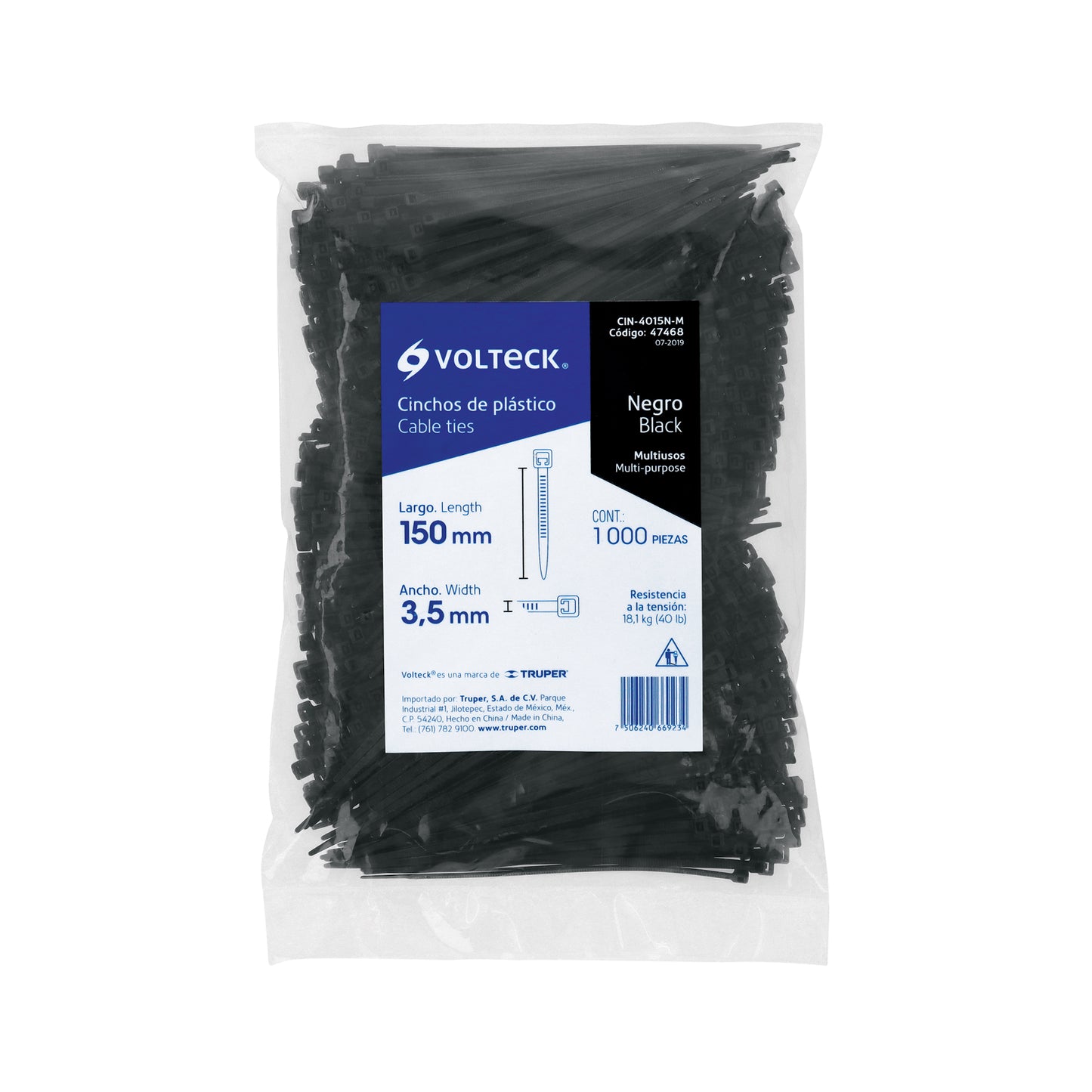 Bolsa con 1000 cinchos plásticos 40 lb, 150x3.5 mm, negros | CIN-4015N-M | 47468