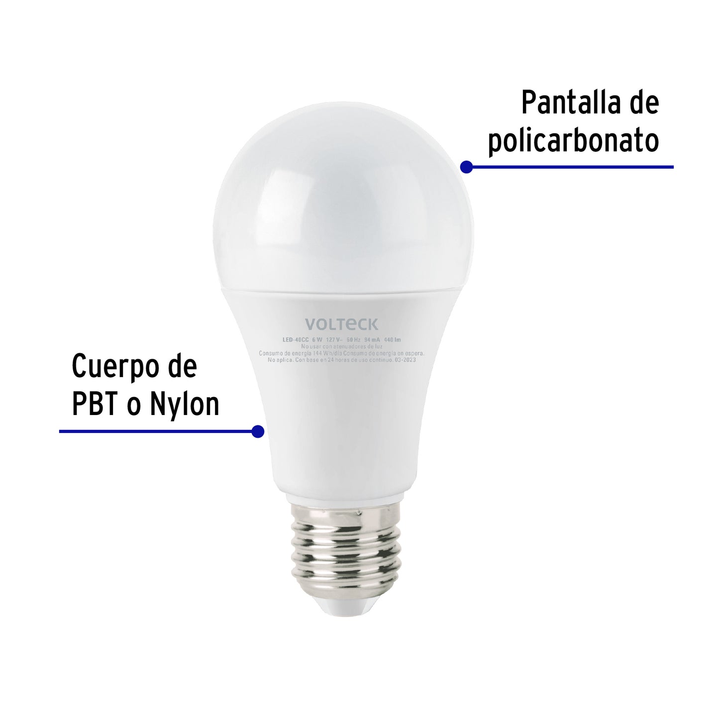 Lámpara LED tipo bulbo A19 6 W luz cálida, caja, Volteck | LED-40CC | 47545