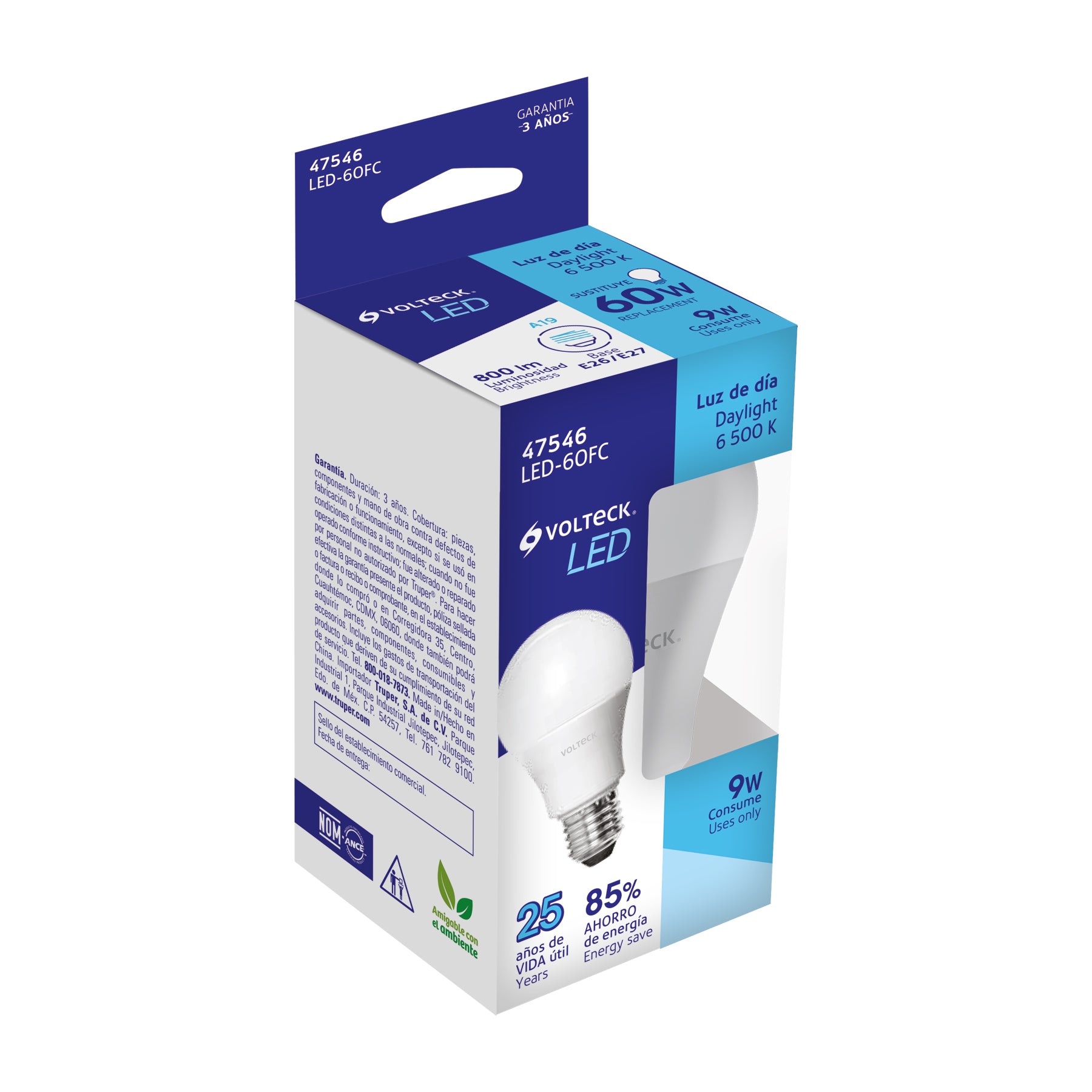 Lámpara LED A19 9 W (equiv. 60 W), luz de día, caja, Volteck | LED-60FC | 47546