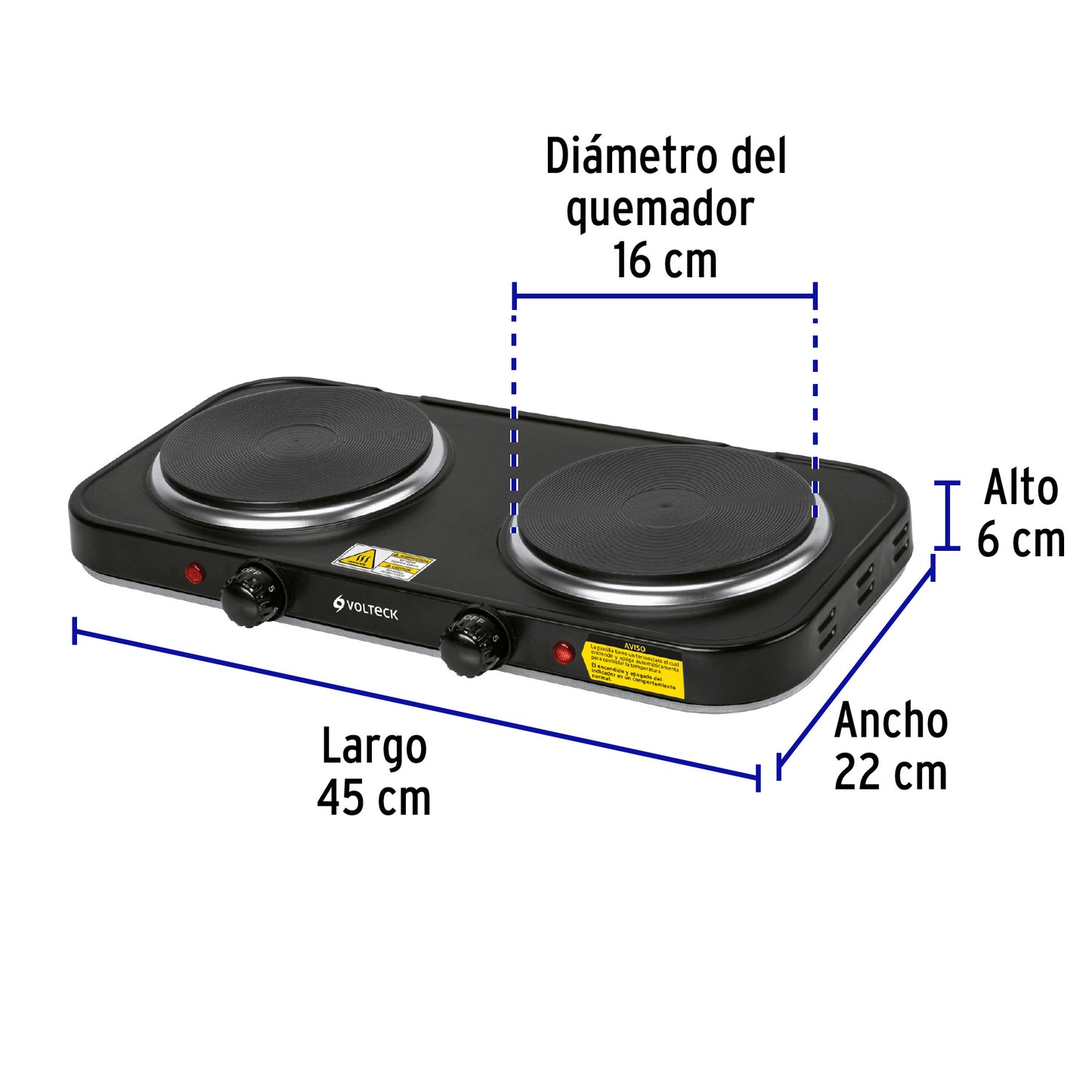 Parrilla eléctrica 2 quemadores de disco, negra, VOLTECK | PAEL-2CDN | 47553