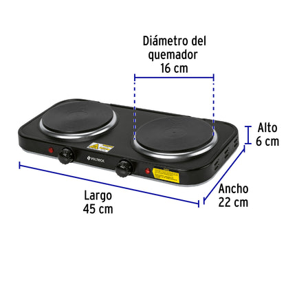 Parrilla eléctrica 2 quemadores de disco, negra, VOLTECK | PAEL-2CDN | 47553