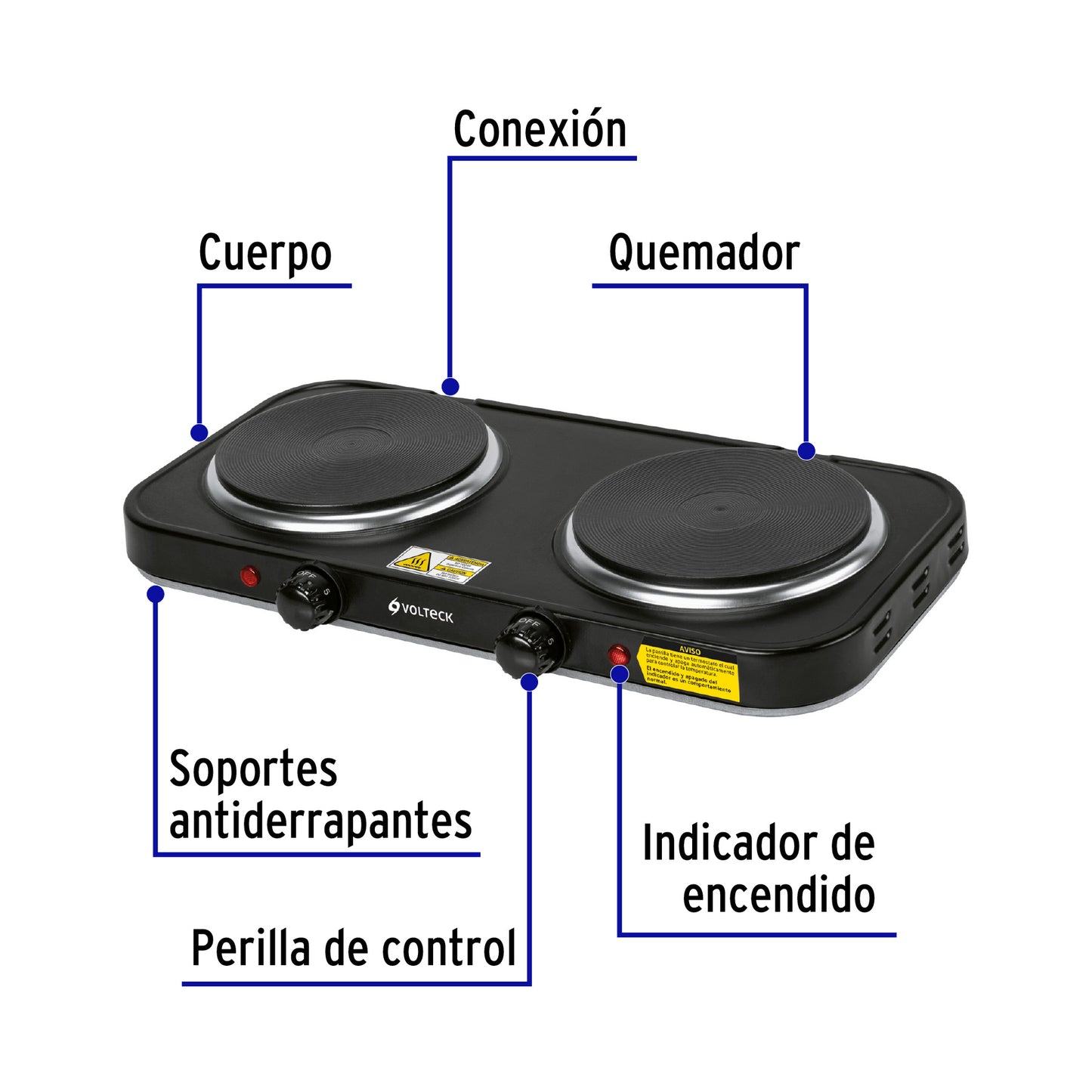 Parrilla eléctrica 2 quemadores de disco, negra, VOLTECK | PAEL-2CDN | 47553