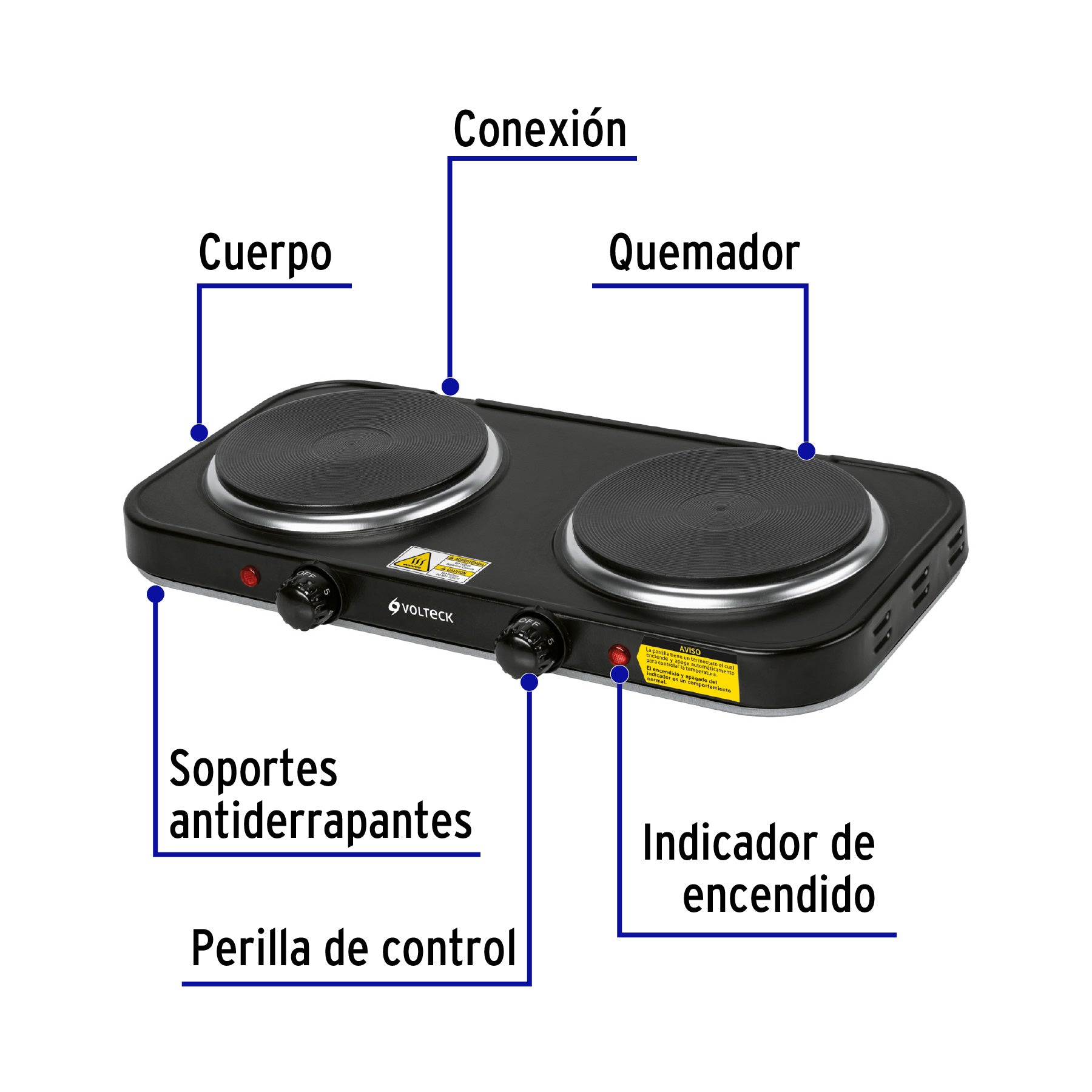 Parrilla eléctrica 2 quemadores de disco, negra, VOLTECK | PAEL-2CDN | 47553