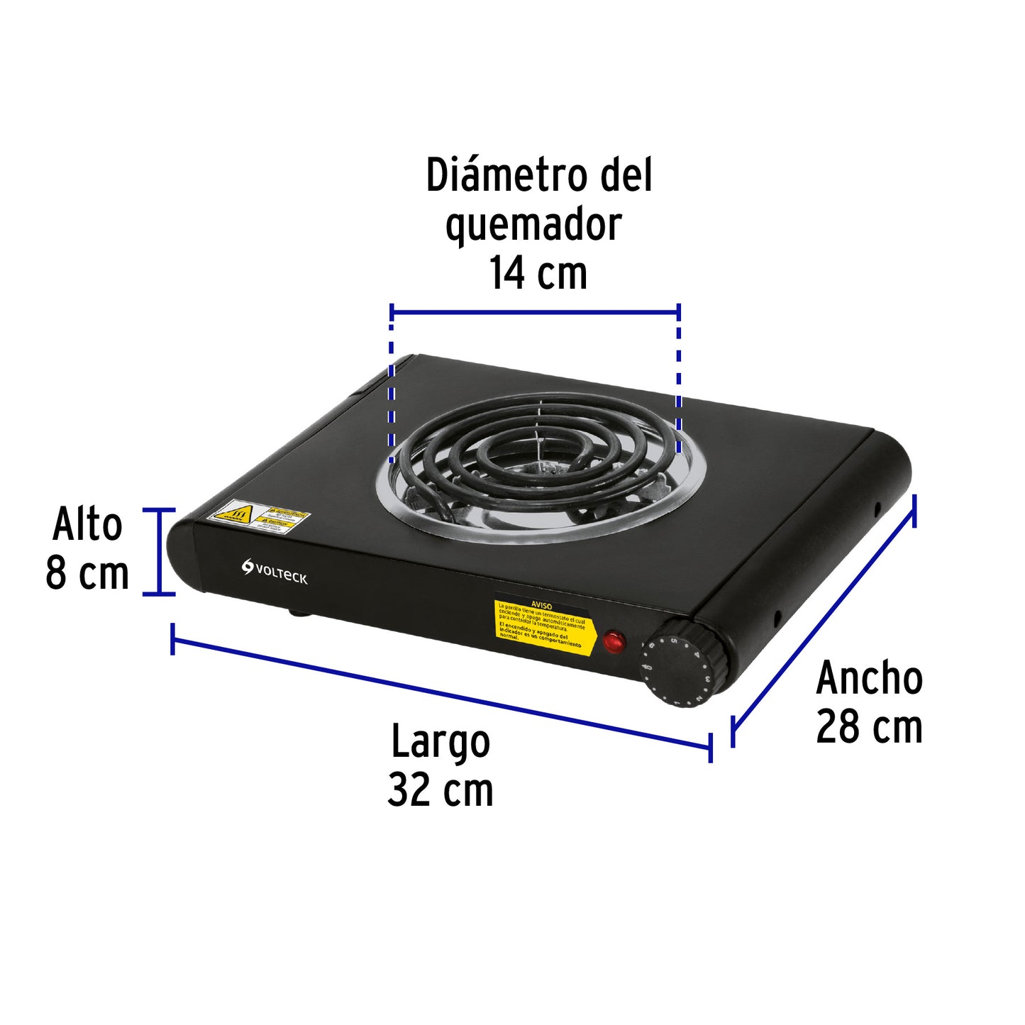 Parrilla eléctrica 1 quemador espiral, negra, VOLTECK | PAEL-1CN | 47556