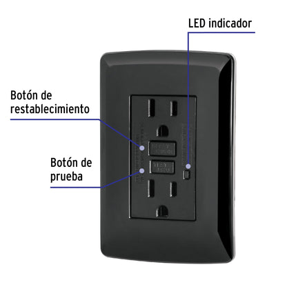 Contacto dúplex falla a tierra GFCI, negro, línea Italiana | CODO-GFCIN | 47589