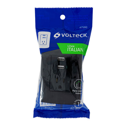 Contacto aterrizado + 2 puertos USB, negro, línea Italiana | COUSB-IN | 47590