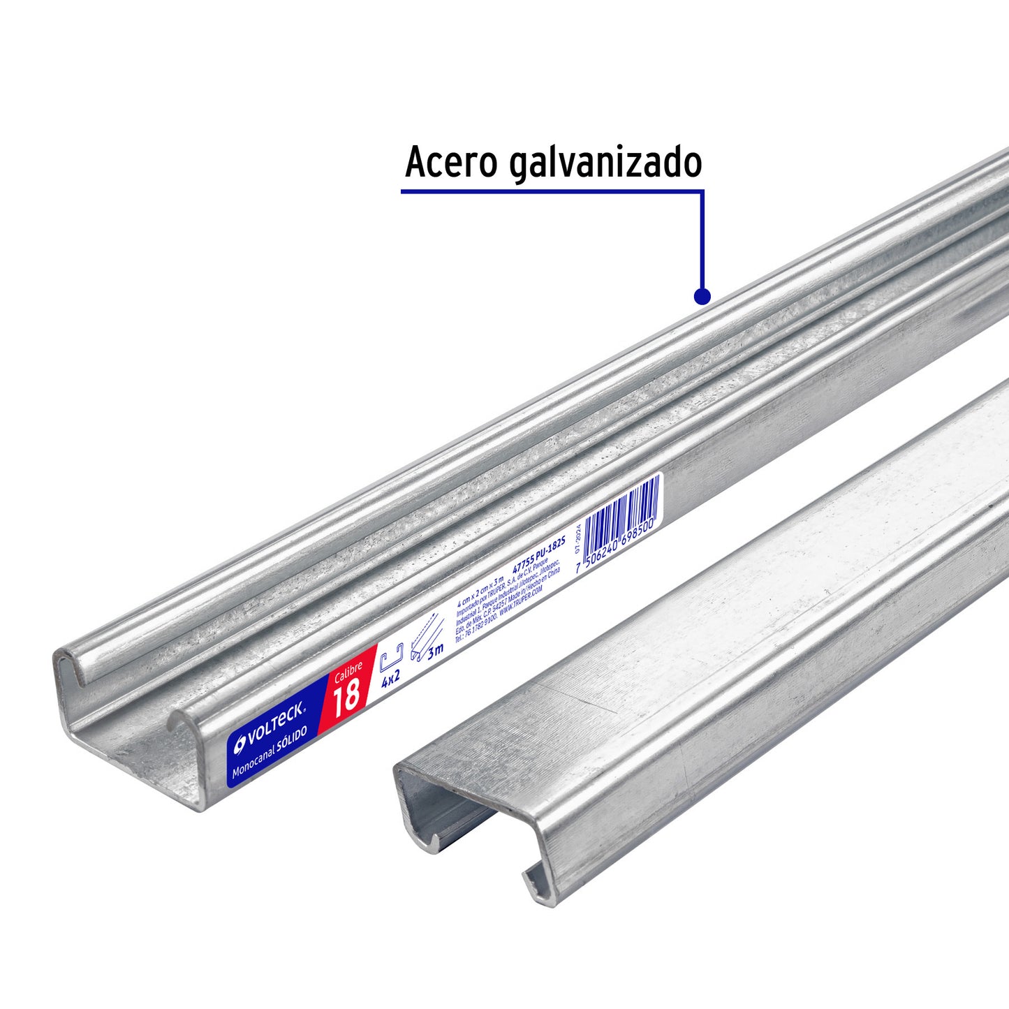 Perfil monocanal sólido de 3 m, 4 x 2 cm cal. 18, VOLTECK | PU-182S | 47755