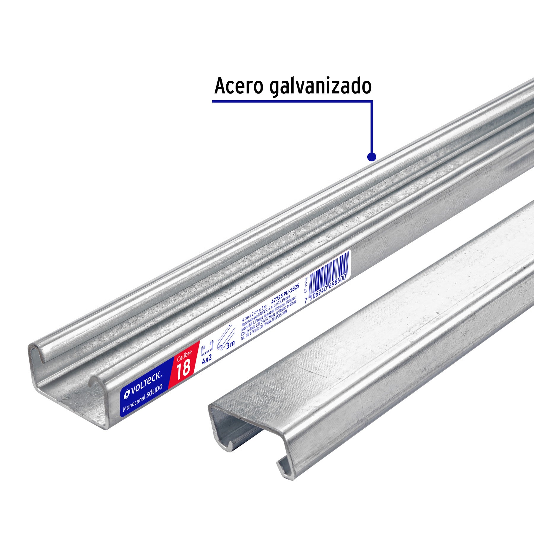 Perfil monocanal sólido de 3 m, 4 x 2 cm cal. 18, VOLTECK | PU-182S | 47755