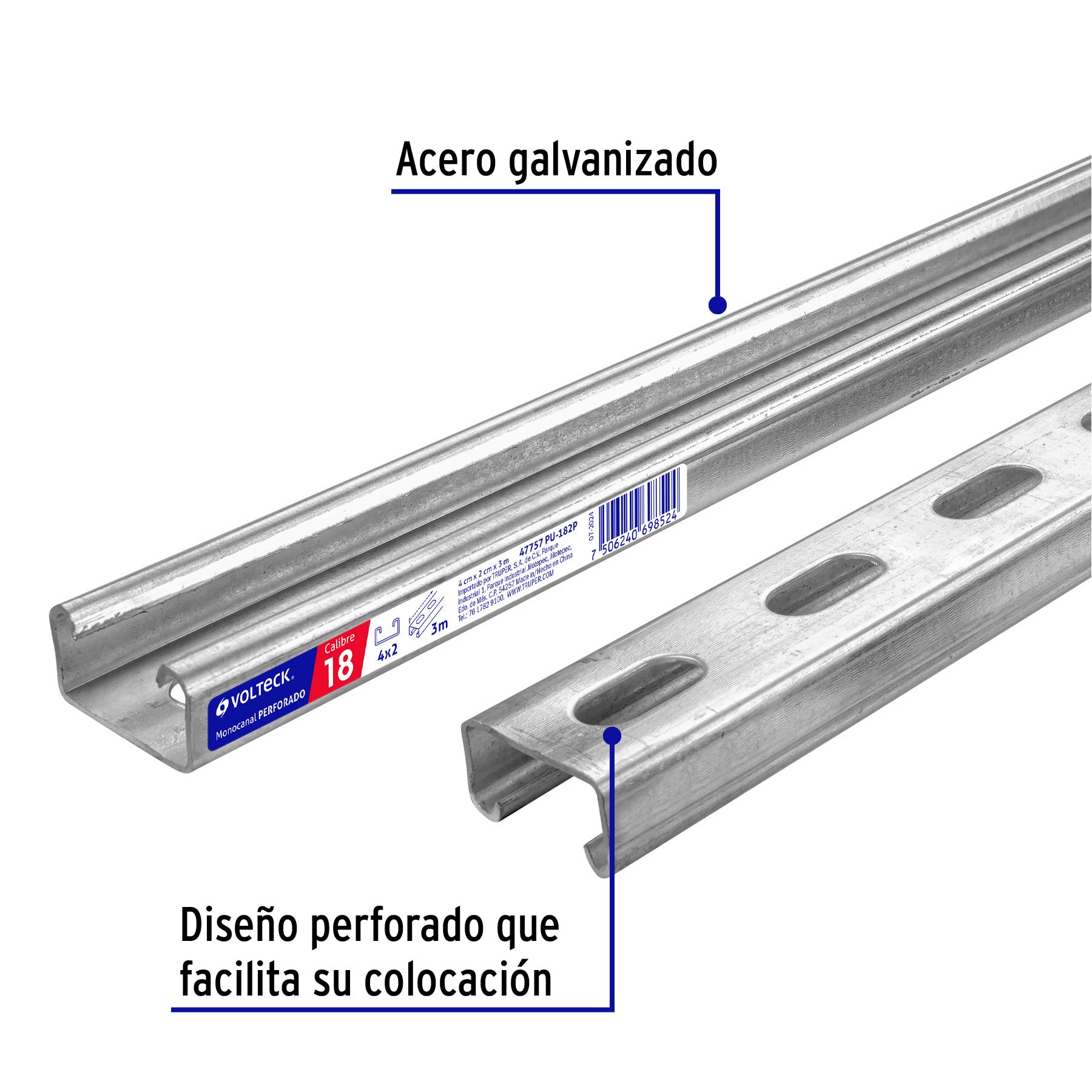 Perfil monocanal perforado de 3 m, 4 x 2 cm cal. 18, VOLTECK | PU-182P | 47757
