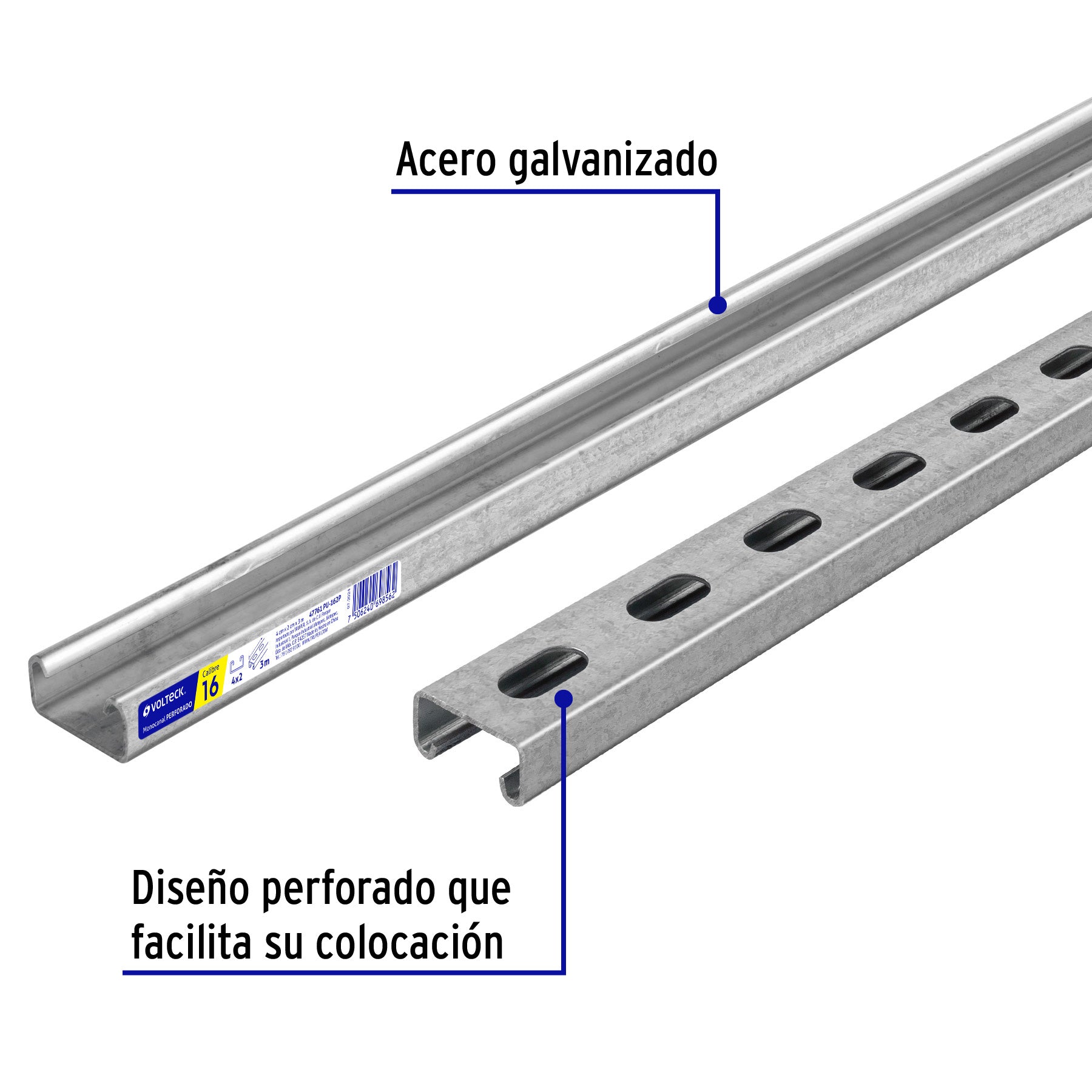 Perfil monocanal perforado de 3 m, 4 x 2 cm cal. 16, VOLTECK | PU-162P | 47761