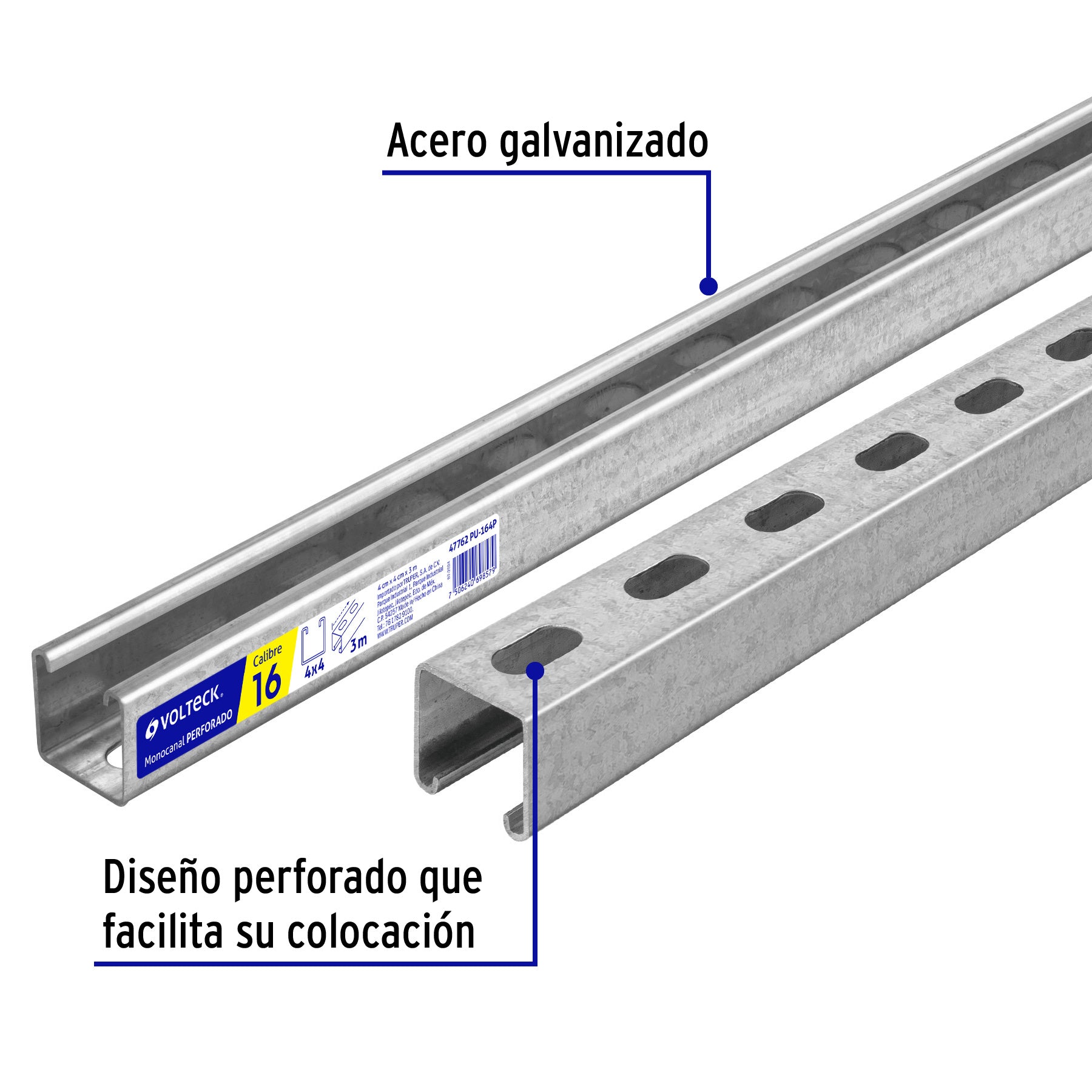 Perfil monocanal perforado de 3 m, 4 x 4 cm cal. 16, VOLTECK | PU-164P | 47762