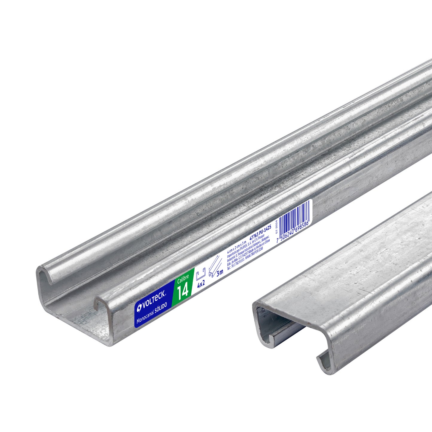 Perfil monocanal sólido de 3 m, 4 x 2 cm cal. 14, VOLTECK | PU-142S | 47763