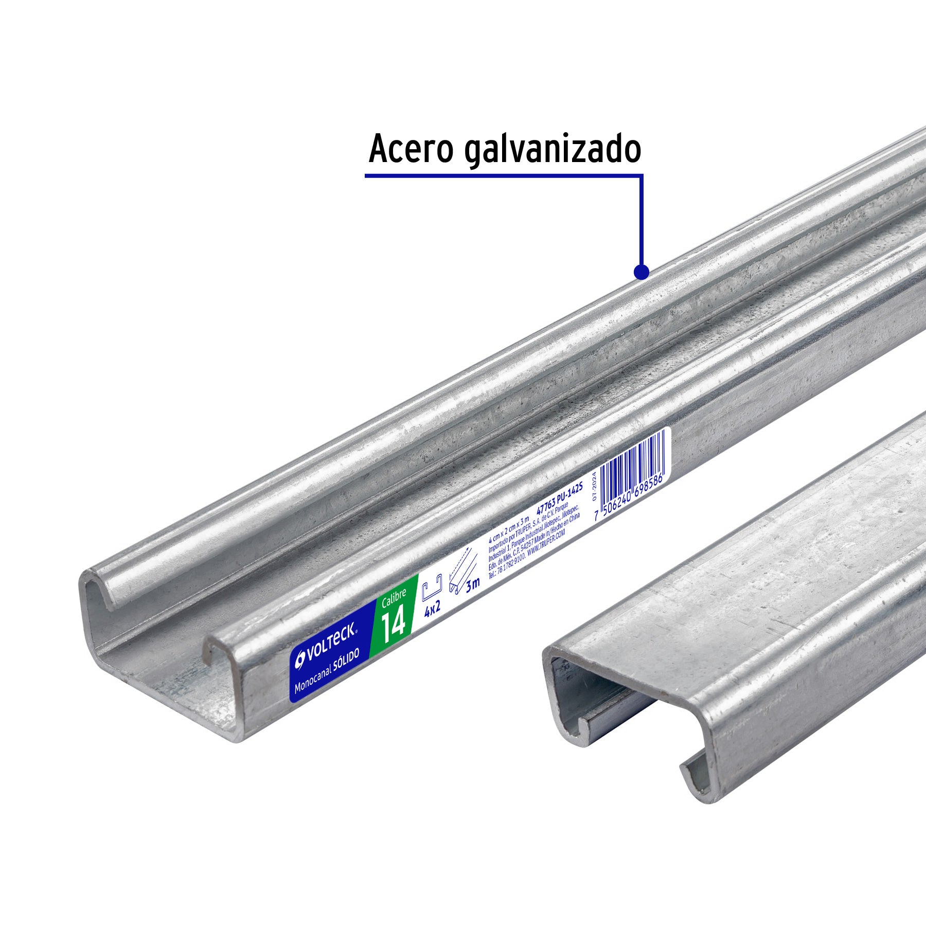 Perfil monocanal sólido de 3 m, 4 x 2 cm cal. 14, VOLTECK | PU-142S | 47763