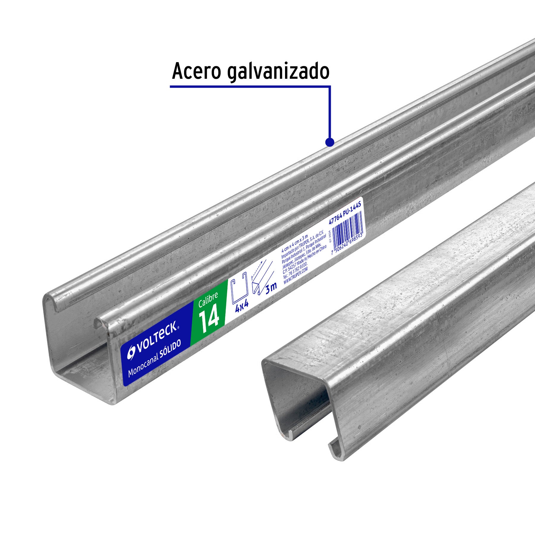 Perfil monocanal sólido de 3 m, 4 x 4 cm cal. 14, VOLTECK | PU-144S | 47764