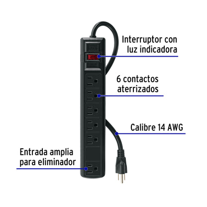 Multicontacto 14 AWG 6 ent., sup. de picos 450 joules, negro | MUL-645N | 47804
