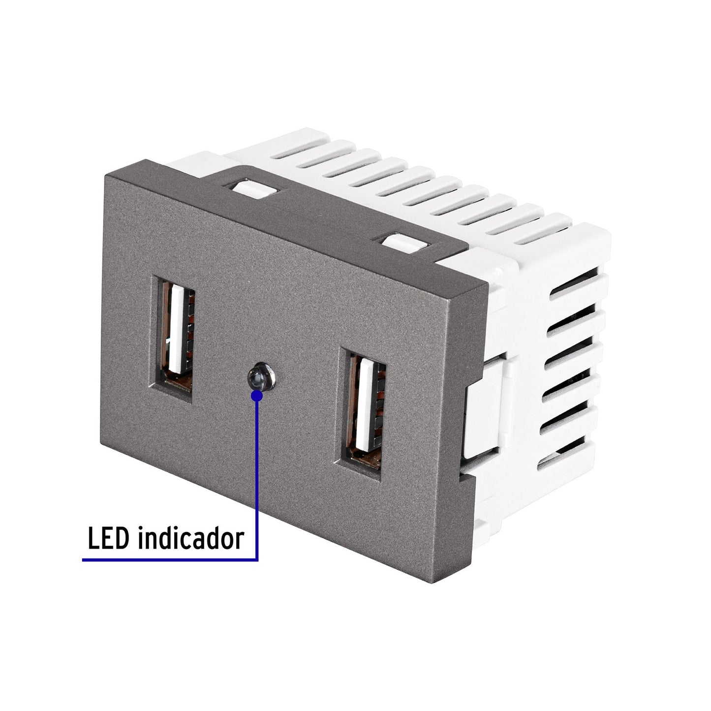 Toma 2 puertos USB acero inox de 1.5 módulos, línea Lisboa | C2USB-LA | 47829