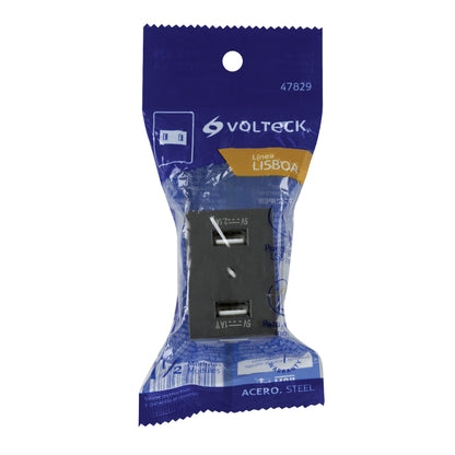 Toma 2 puertos USB acero inox de 1.5 módulos, línea Lisboa | C2USB-LA | 47829