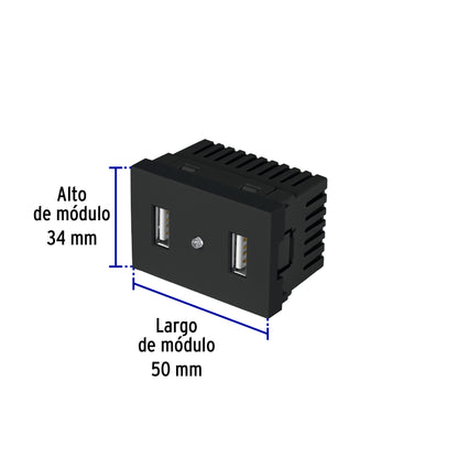 Toma con 2 puertos USB negro de 1.5 módulos, línea Lisboa | C2USB-LN | 47882