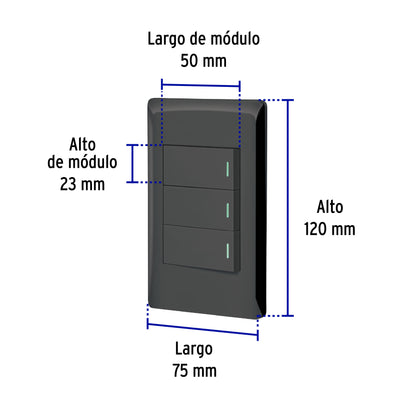 Placa armada negra 3 interruptores 1 módulo, Lisboa, Volteck | PA-APTR-LN | 47889