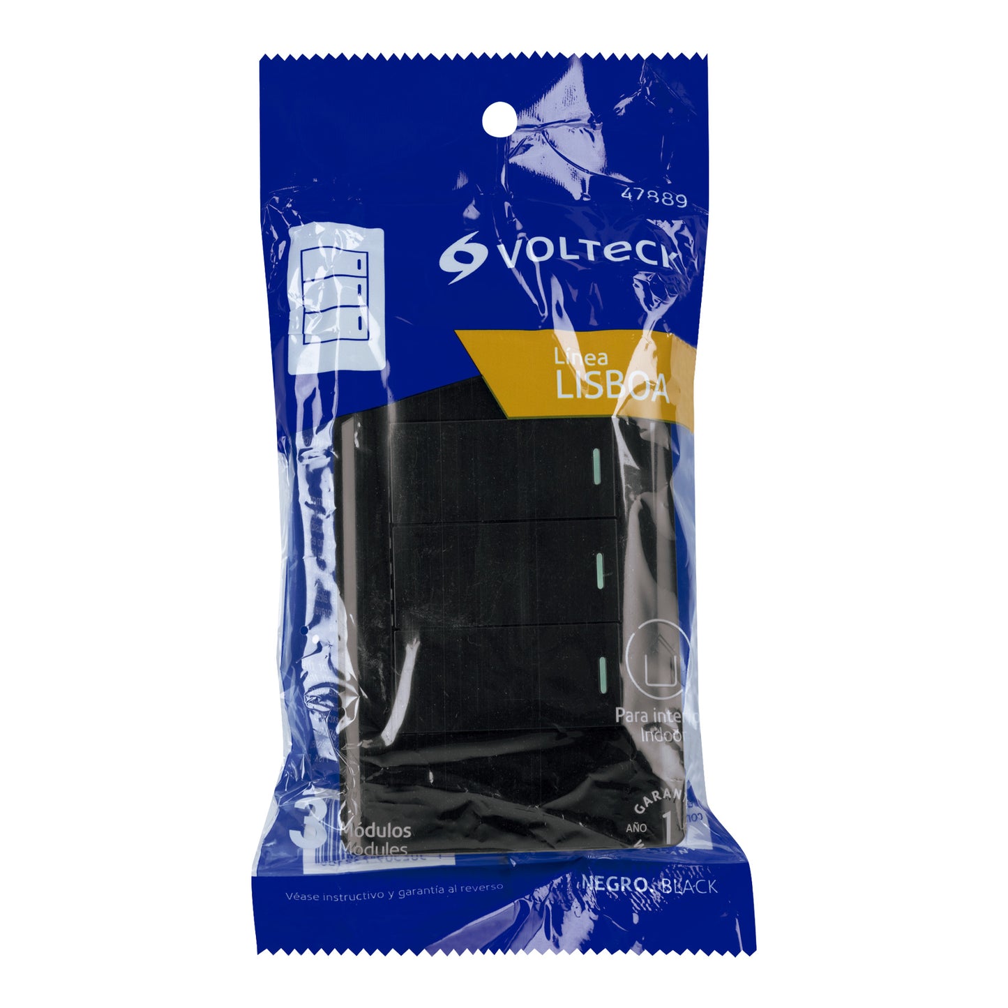 Placa armada negra 3 interruptores 1 módulo, Lisboa, Volteck | PA-APTR-LN | 47889