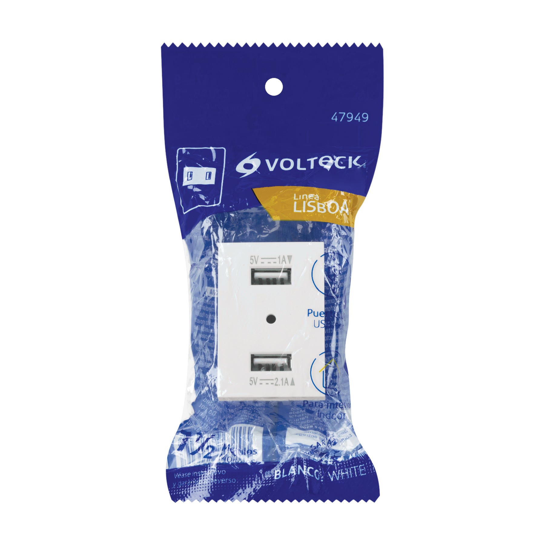 Toma con 2 puertos USB blanco de 1.5 módulos, línea Lisboa | C2USB-LB | 47949