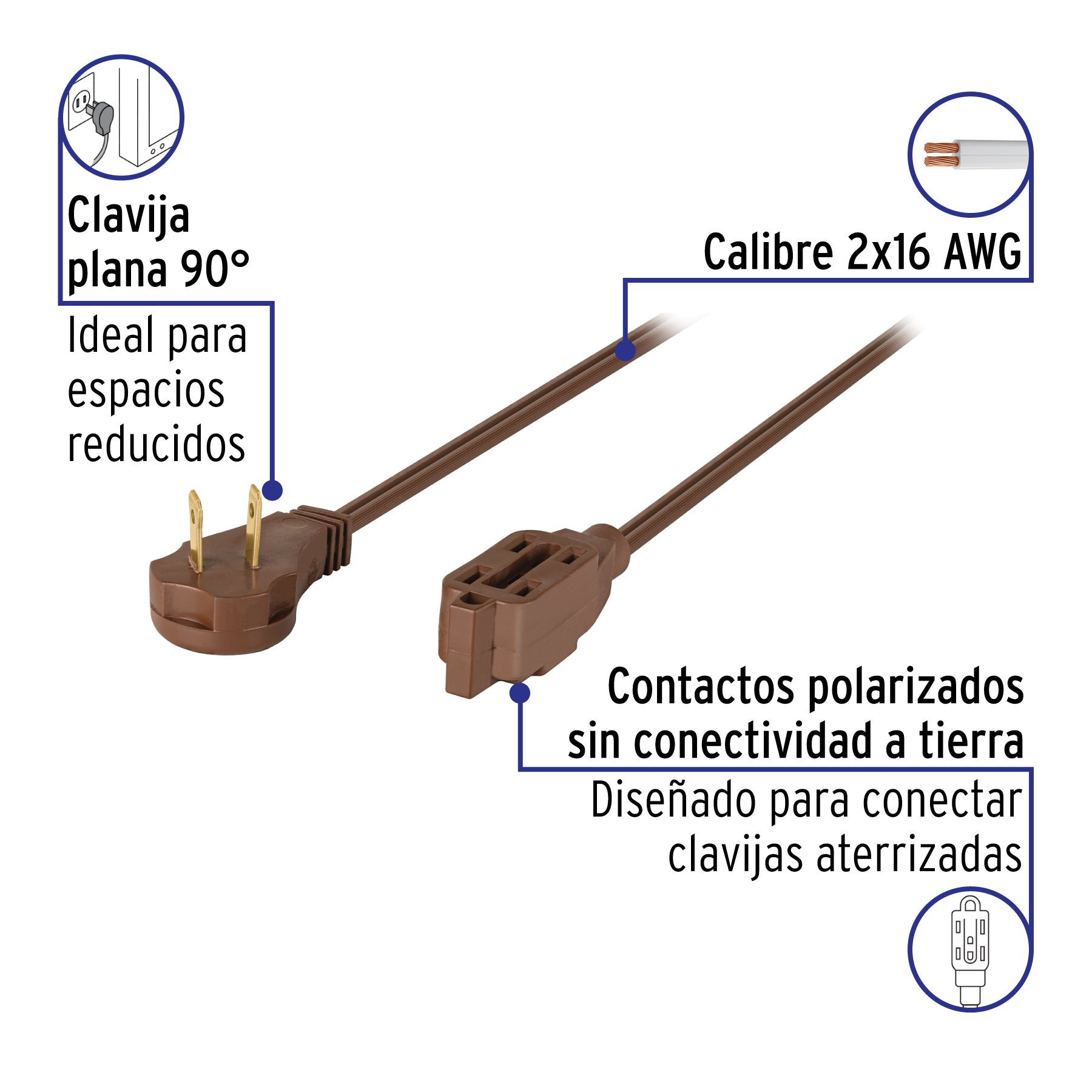 Extensión eléctrica doméstica 2 m clavija plana, café | ED-2C | 48001