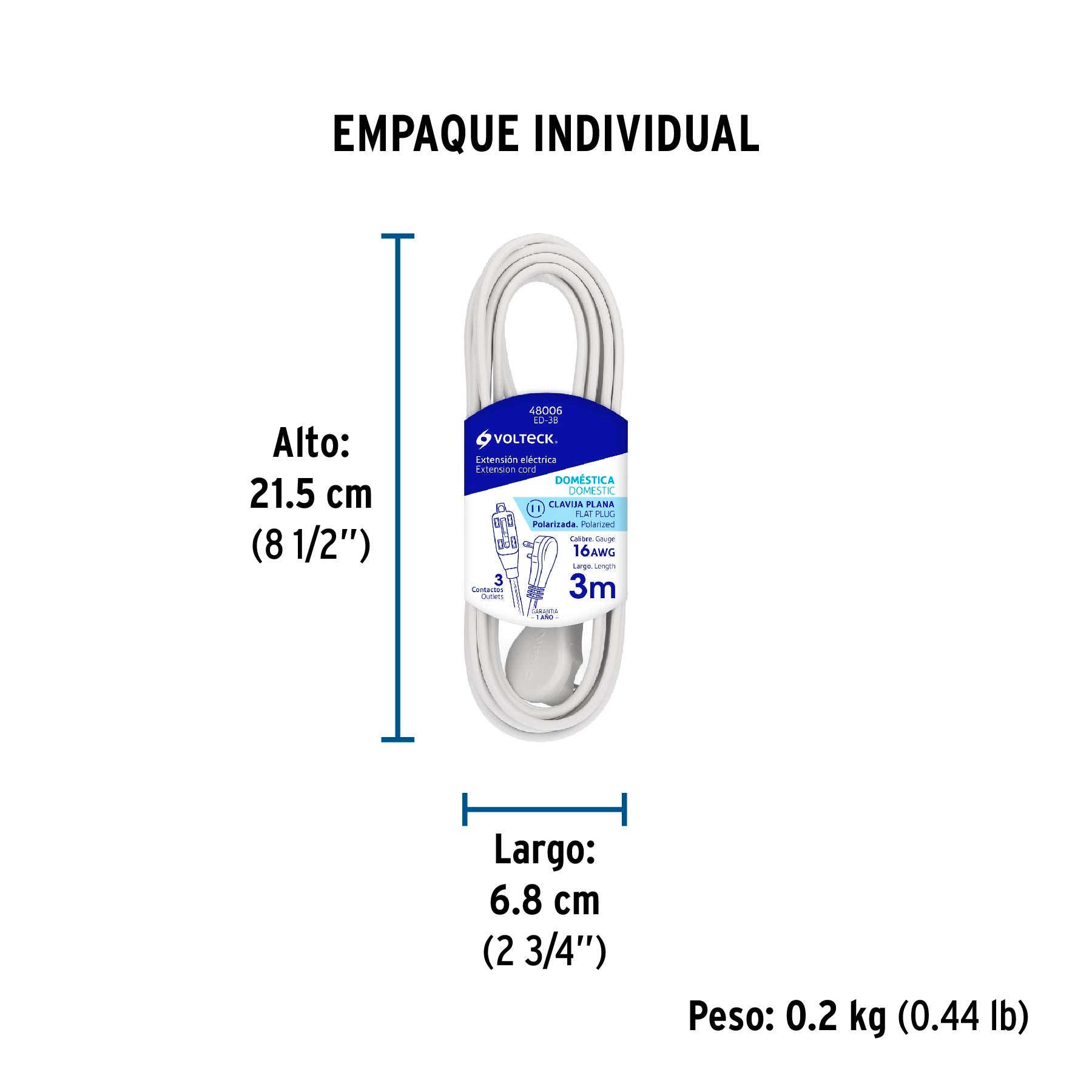 Extensión eléctrica doméstica 3 m clavija plana, blanca | ED-3B | 48006