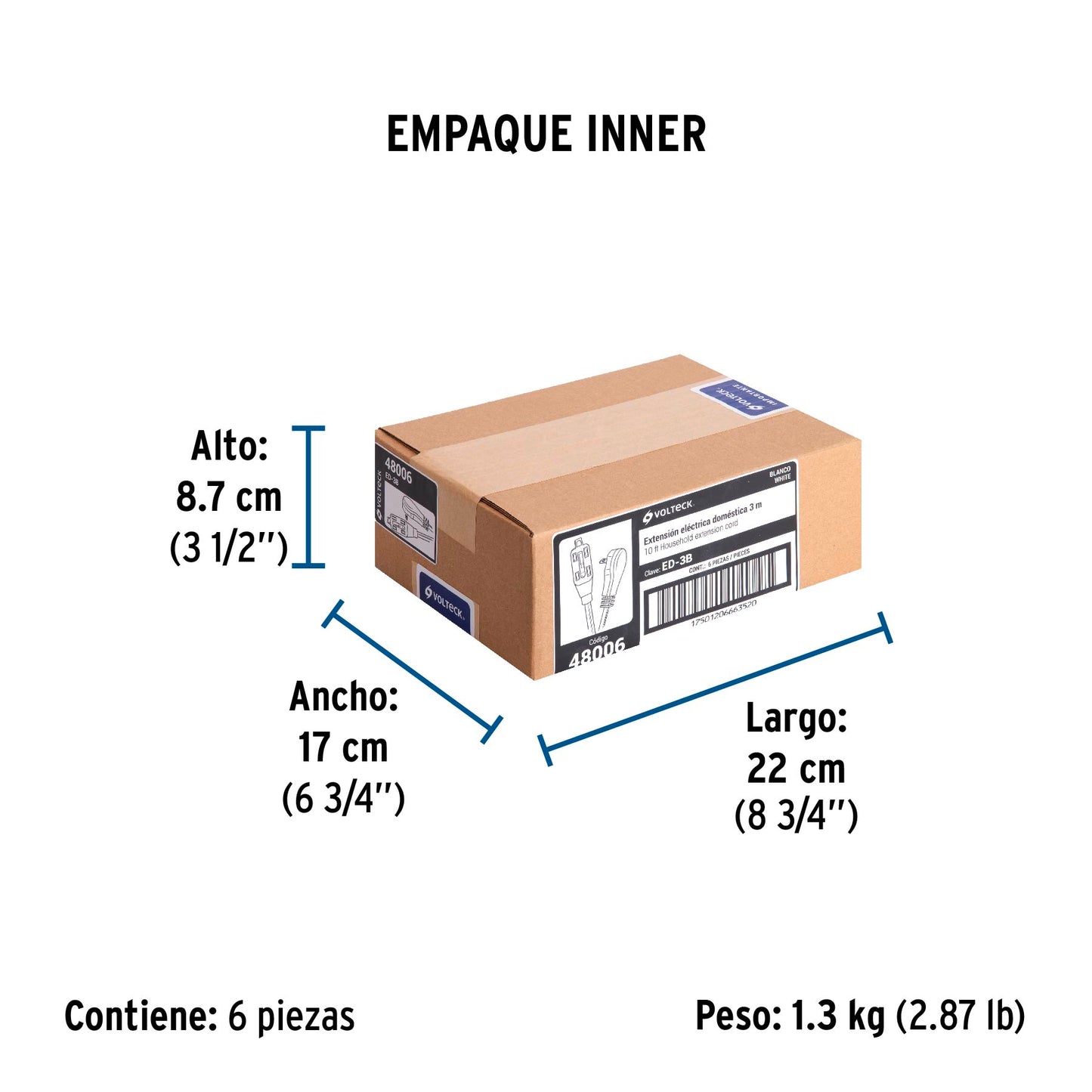 Extensión eléctrica doméstica 3 m clavija plana, blanca | ED-3B | 48006