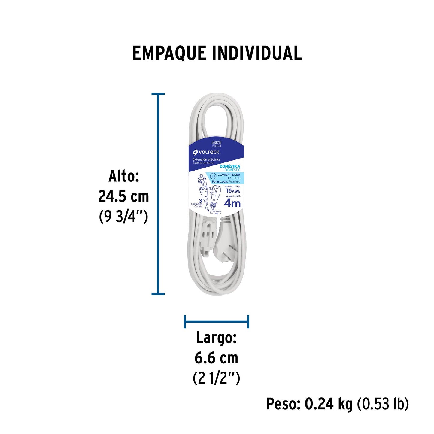 Extensión eléctrica doméstica 4 m clavija plana, blanca | ED-4B | 48012